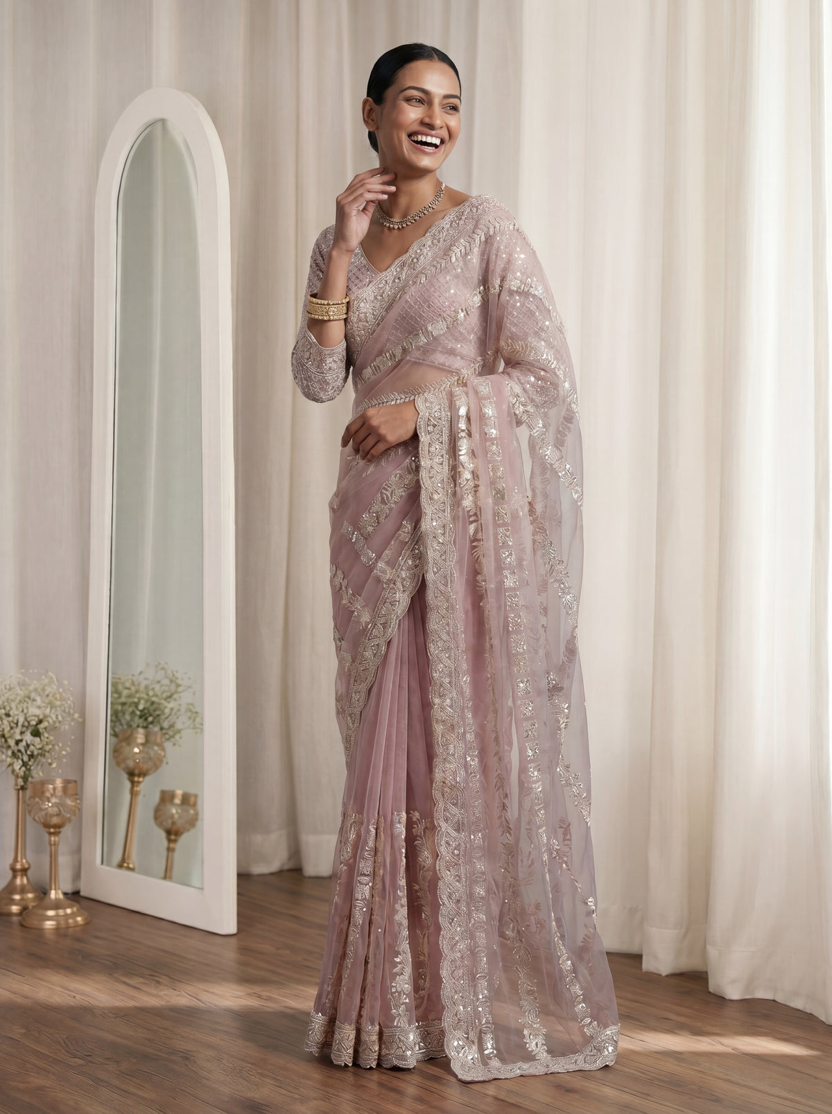 Designer Pink Embroidered Saree with Detailed Handwork