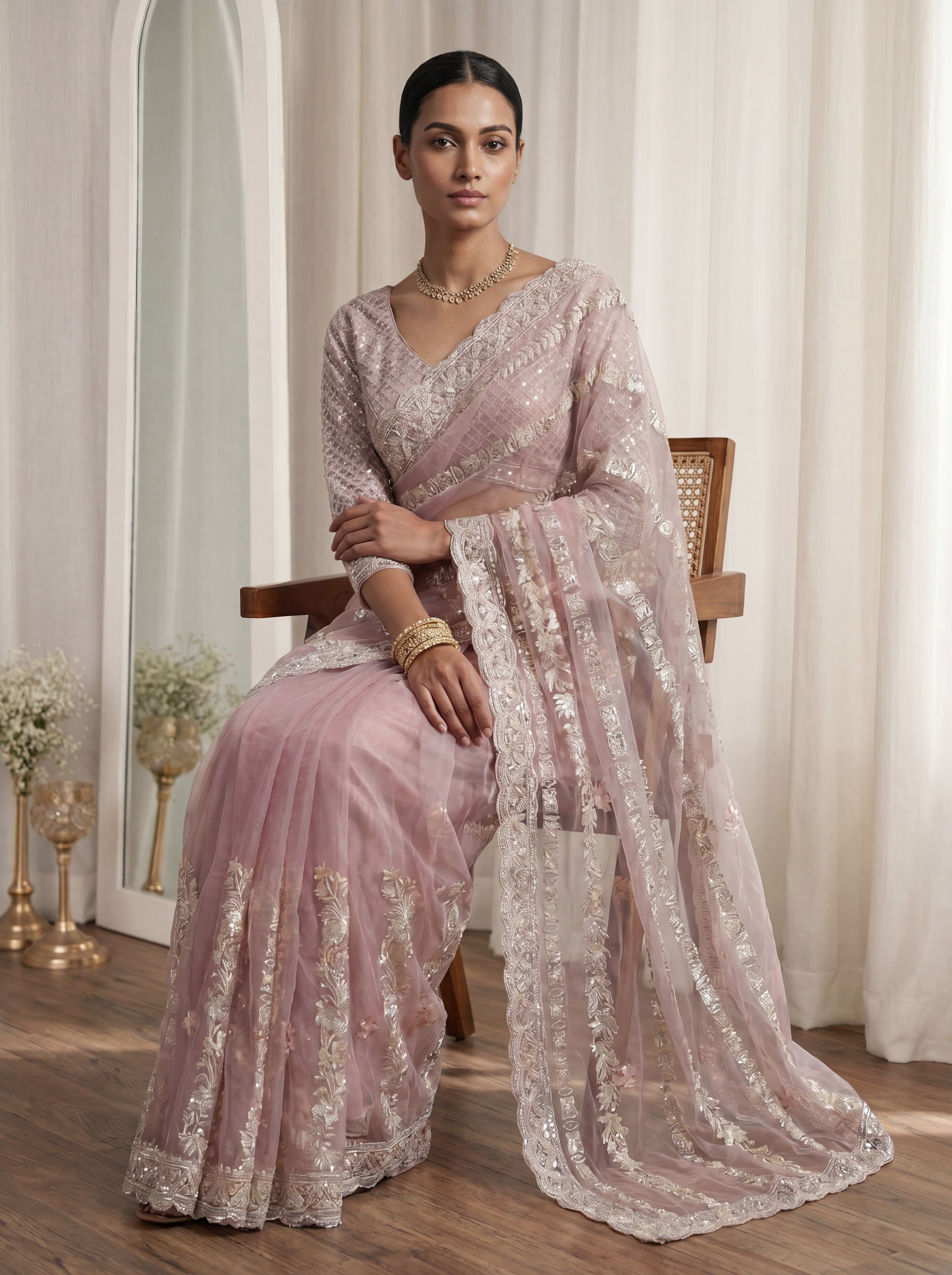 Designer Pink Embroidered Saree with Detailed Handwork