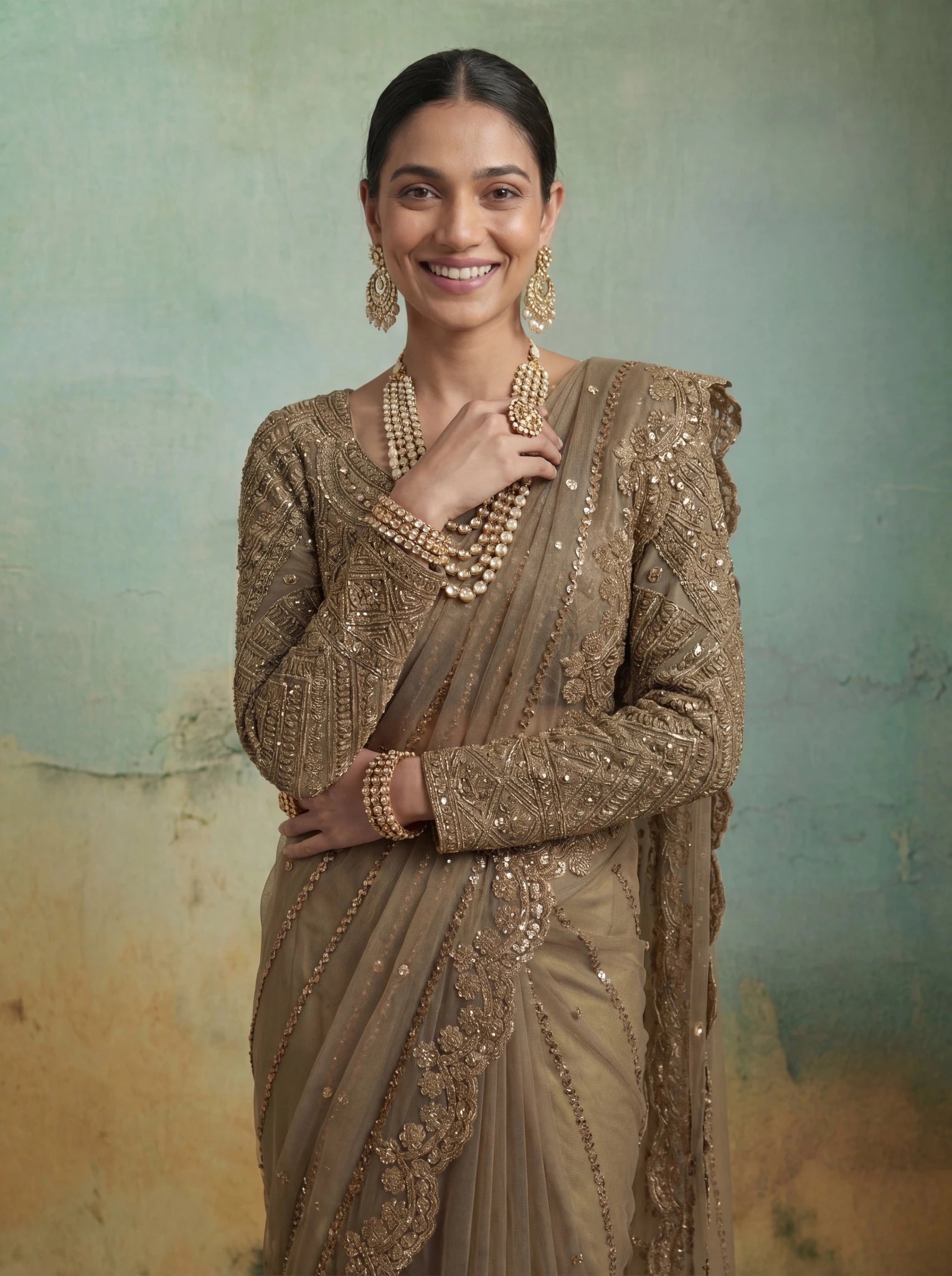 Luxury Brownish Beige Net Saree with Rich Embroidery & Blouse - Zimonza