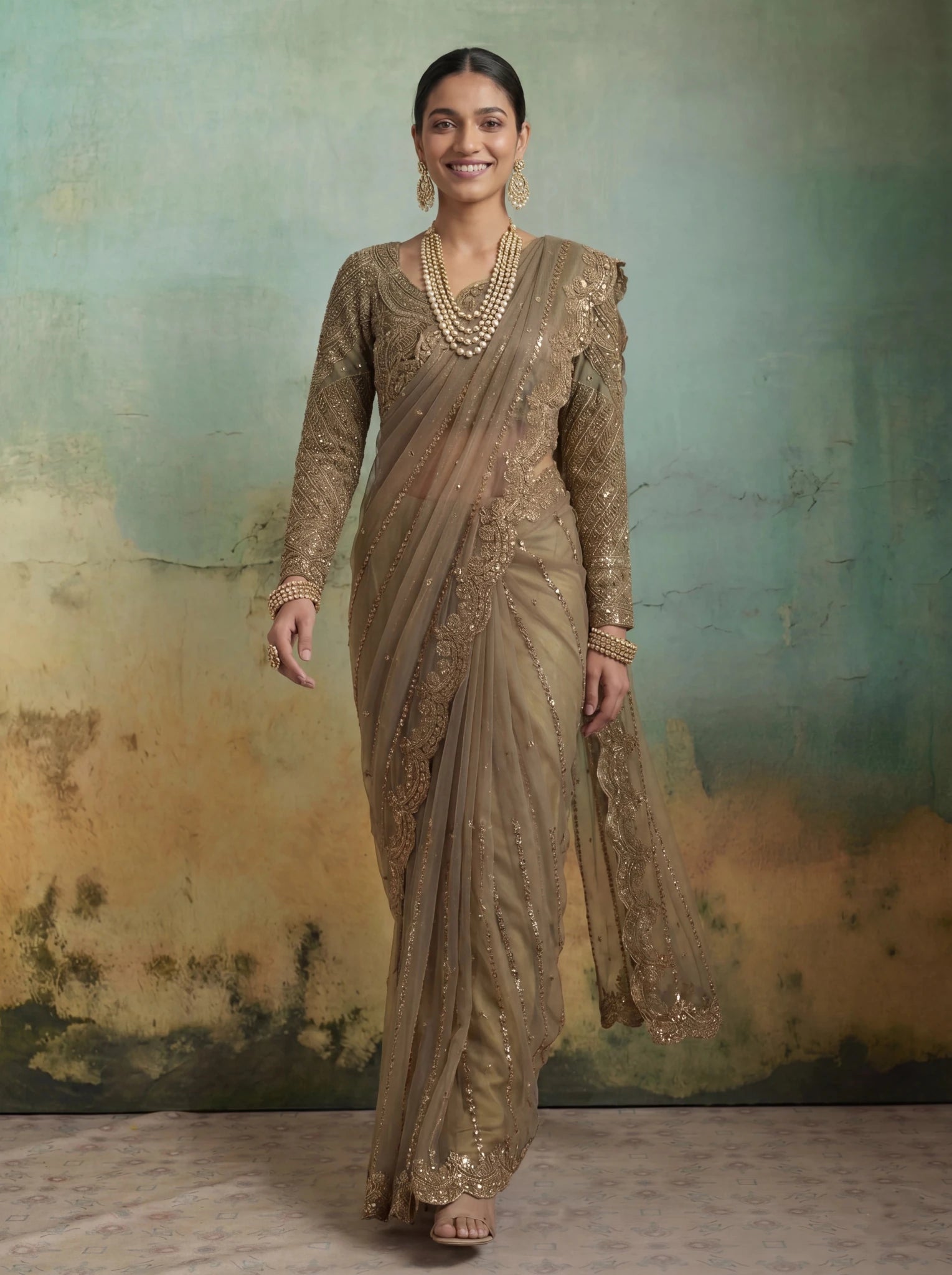 Luxury Brownish Beige Net Saree with Rich Embroidery & Blouse - Zimonza