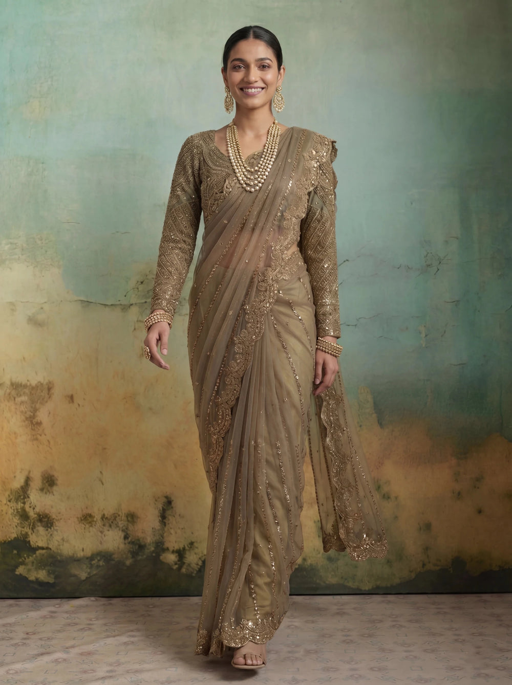 Luxury Brownish Beige Net Saree with Rich Embroidery & Blouse - Zimonza