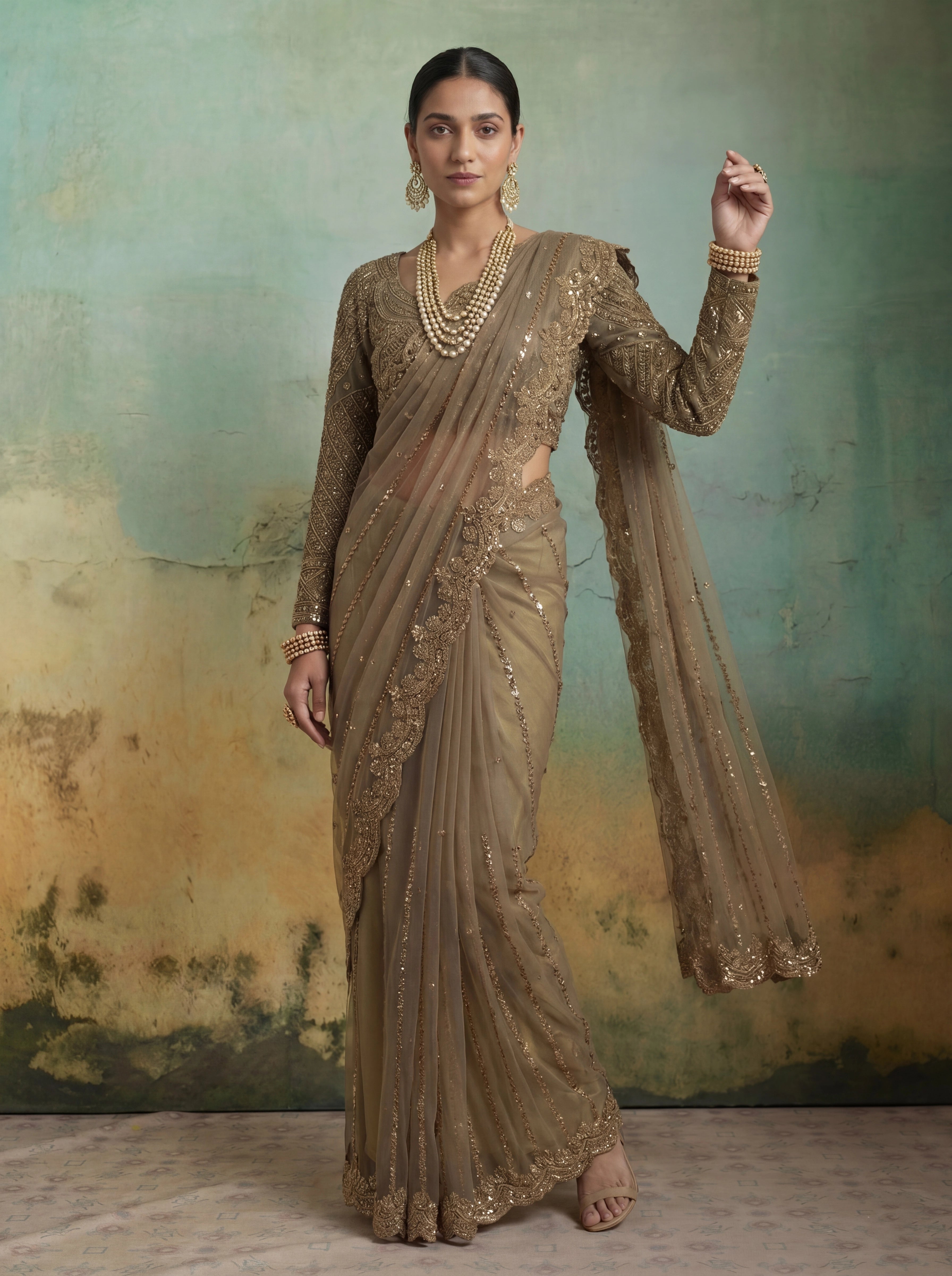 Luxury Brownish Beige Net Saree with Rich Embroidery & Blouse