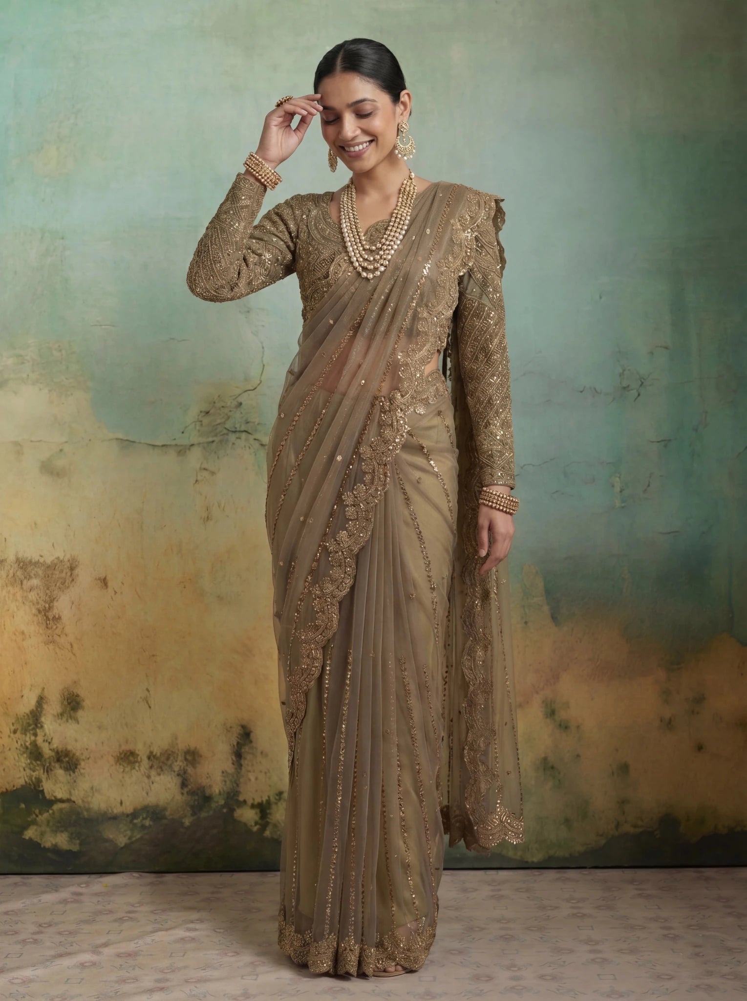 Luxury Brownish Beige Net Saree with Rich Embroidery & Blouse - Zimonza