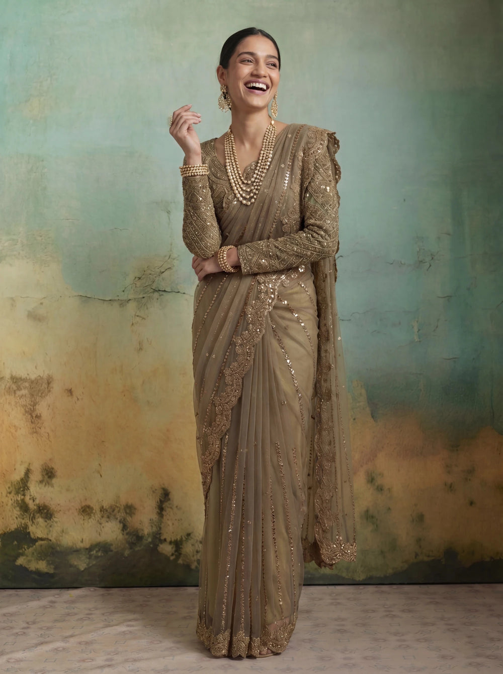 Luxury Brownish Beige Net Saree with Rich Embroidery & Blouse - Zimonza