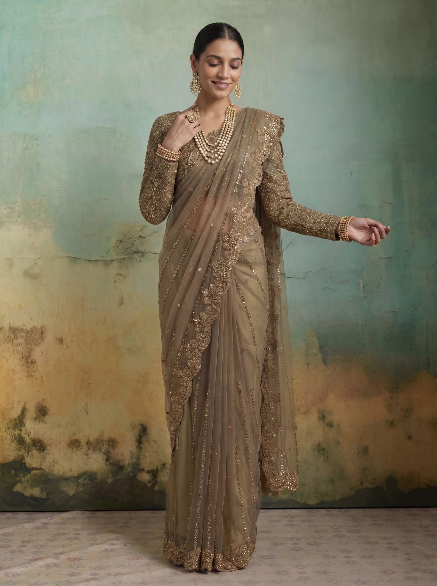 Luxury Brownish Beige Net Saree with Rich Embroidery & Blouse - Zimonza