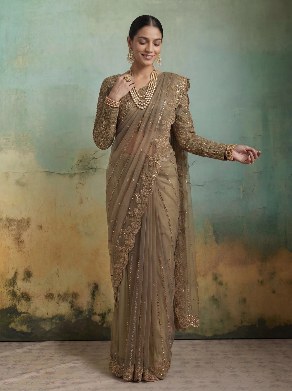 Luxury Brownish Beige Net Saree with Rich Embroidery & Blouse - Zimonza