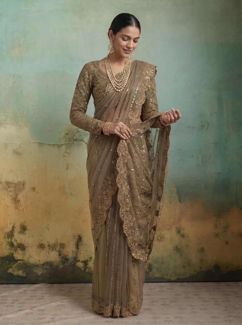 Luxury Brownish Beige Net Saree with Rich Embroidery & Blouse - Zimonza