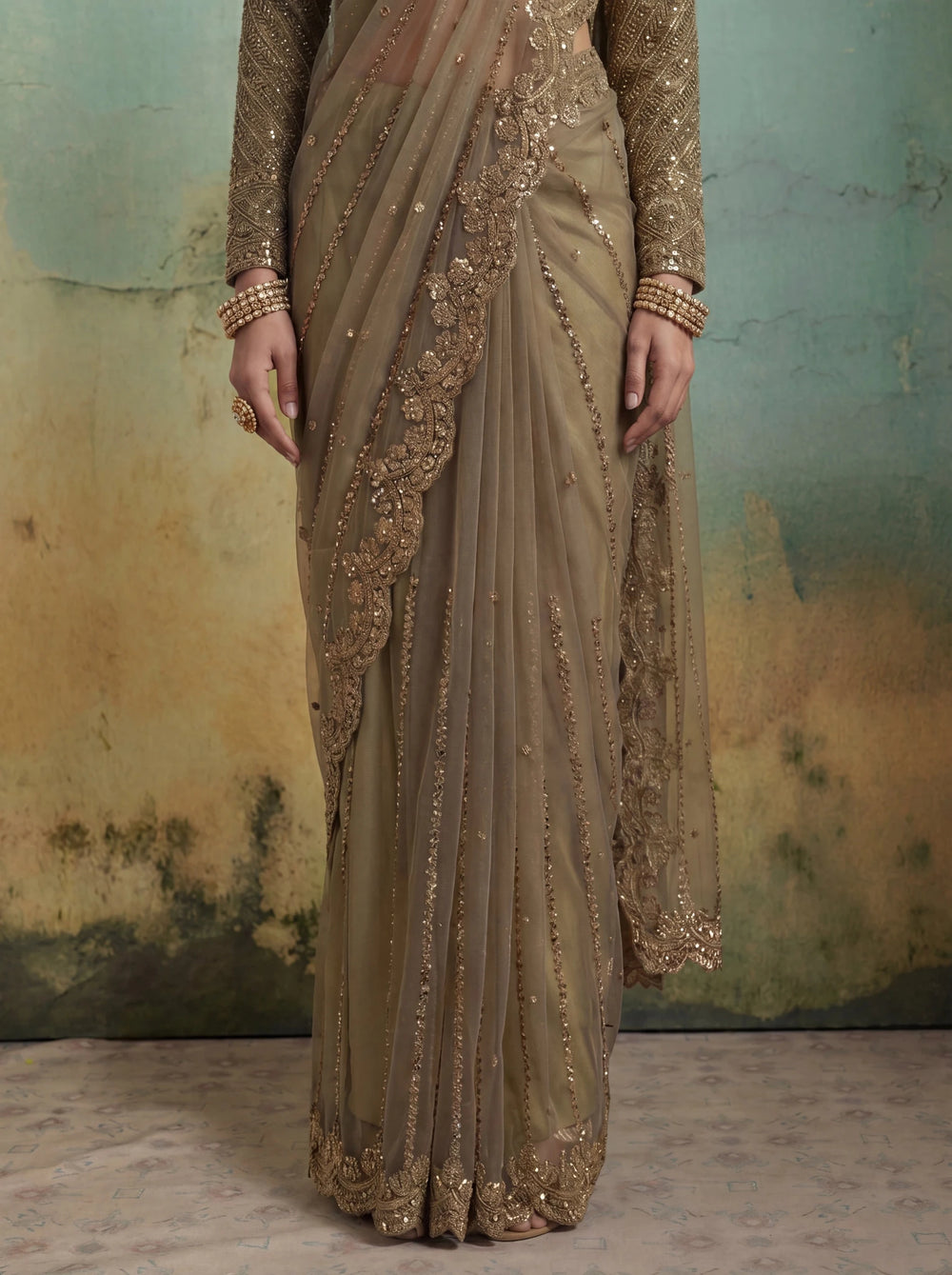 Luxury Brownish Beige Net Saree with Rich Embroidery & Blouse - Zimonza