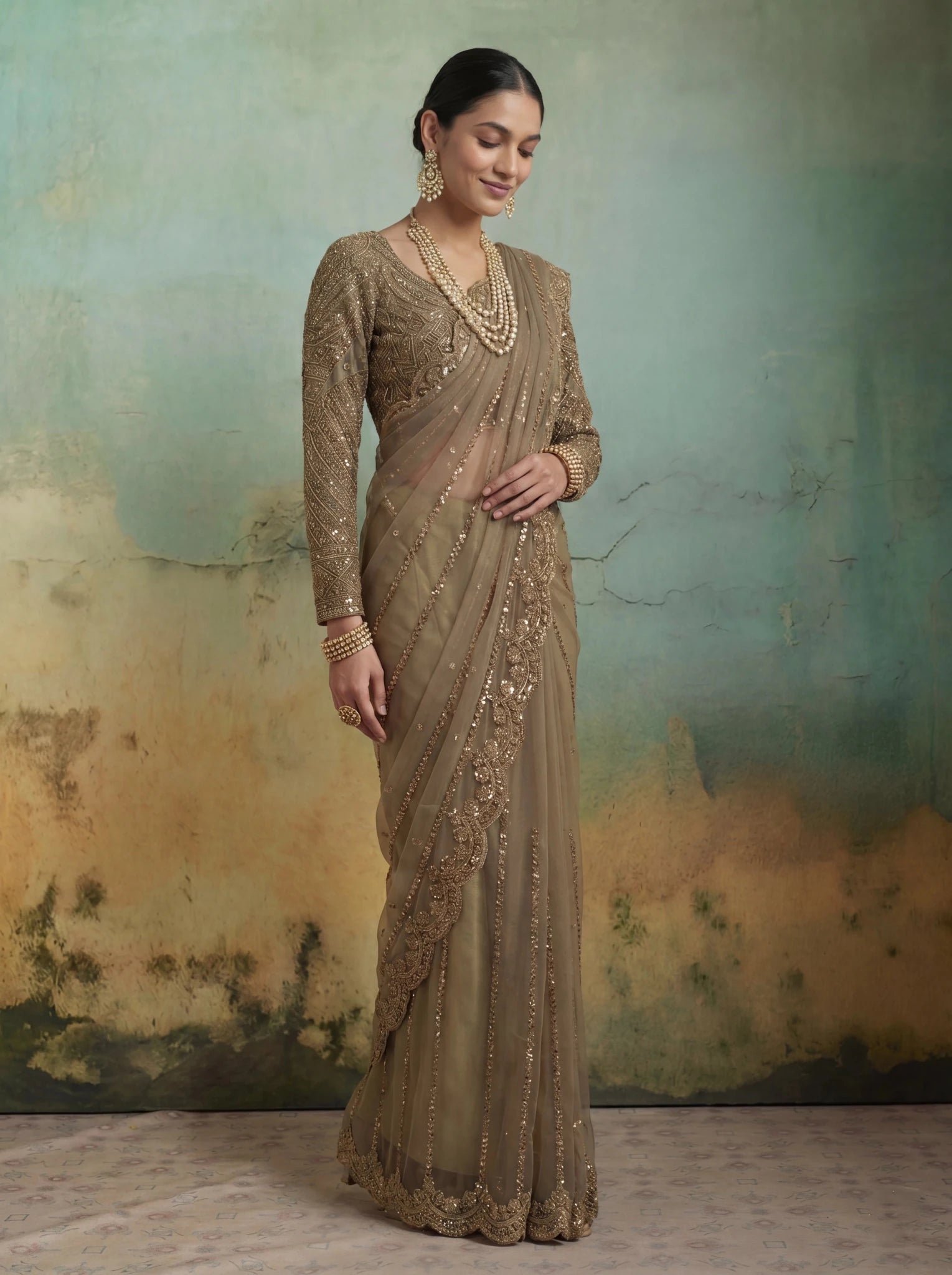 Luxury Brownish Beige Net Saree with Rich Embroidery & Blouse - Zimonza