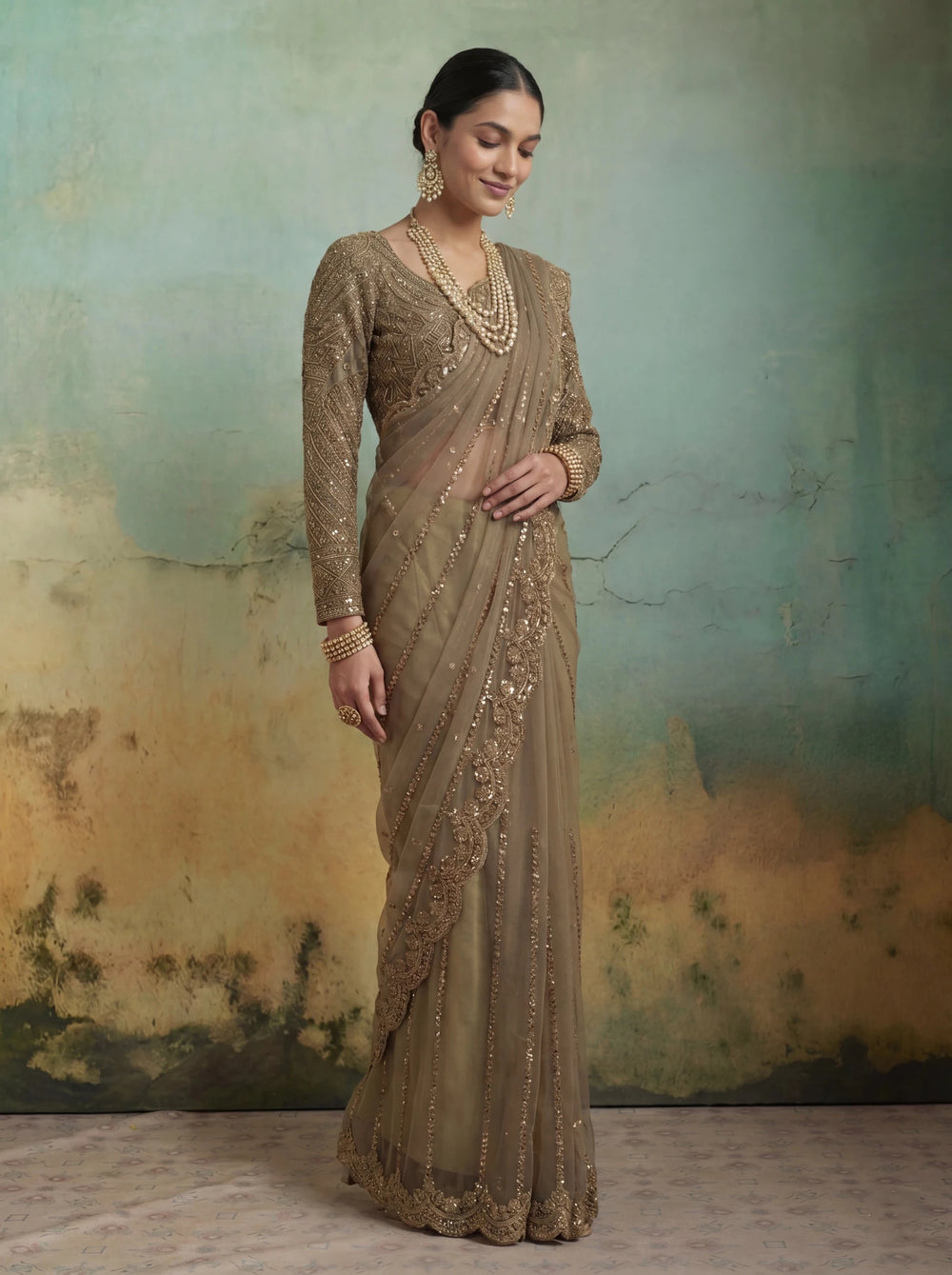 Luxury Brownish Beige Net Saree with Rich Embroidery & Blouse - Zimonza