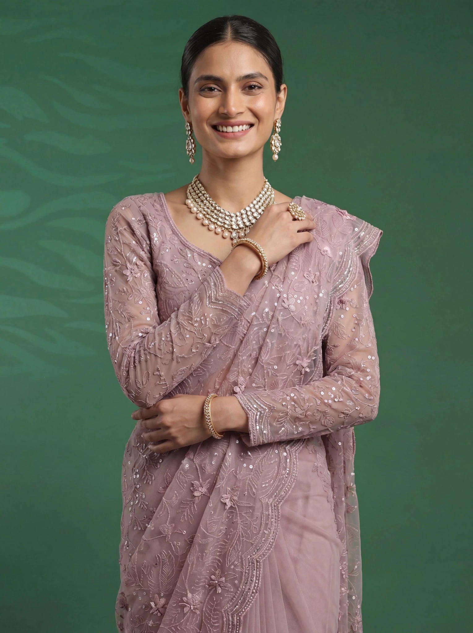 Elegant Mauve Pink Designer Saree with Intricate Embroidery & Scalloped Border - Zimonza
