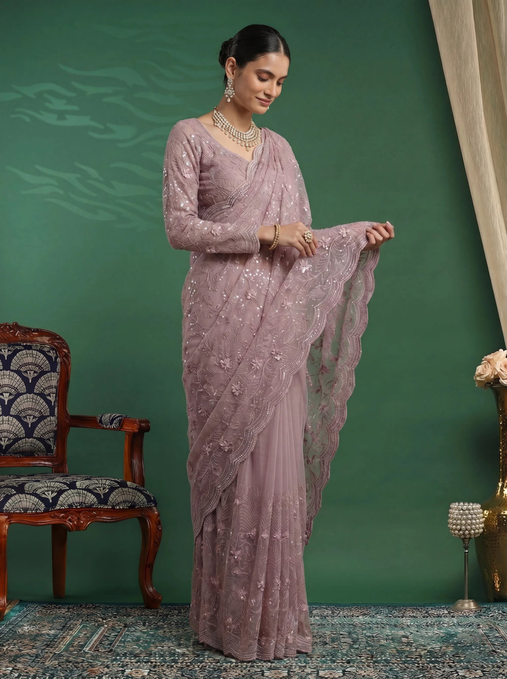 Elegant Mauve Pink Designer Saree with Intricate Embroidery & Scalloped Border - Zimonza