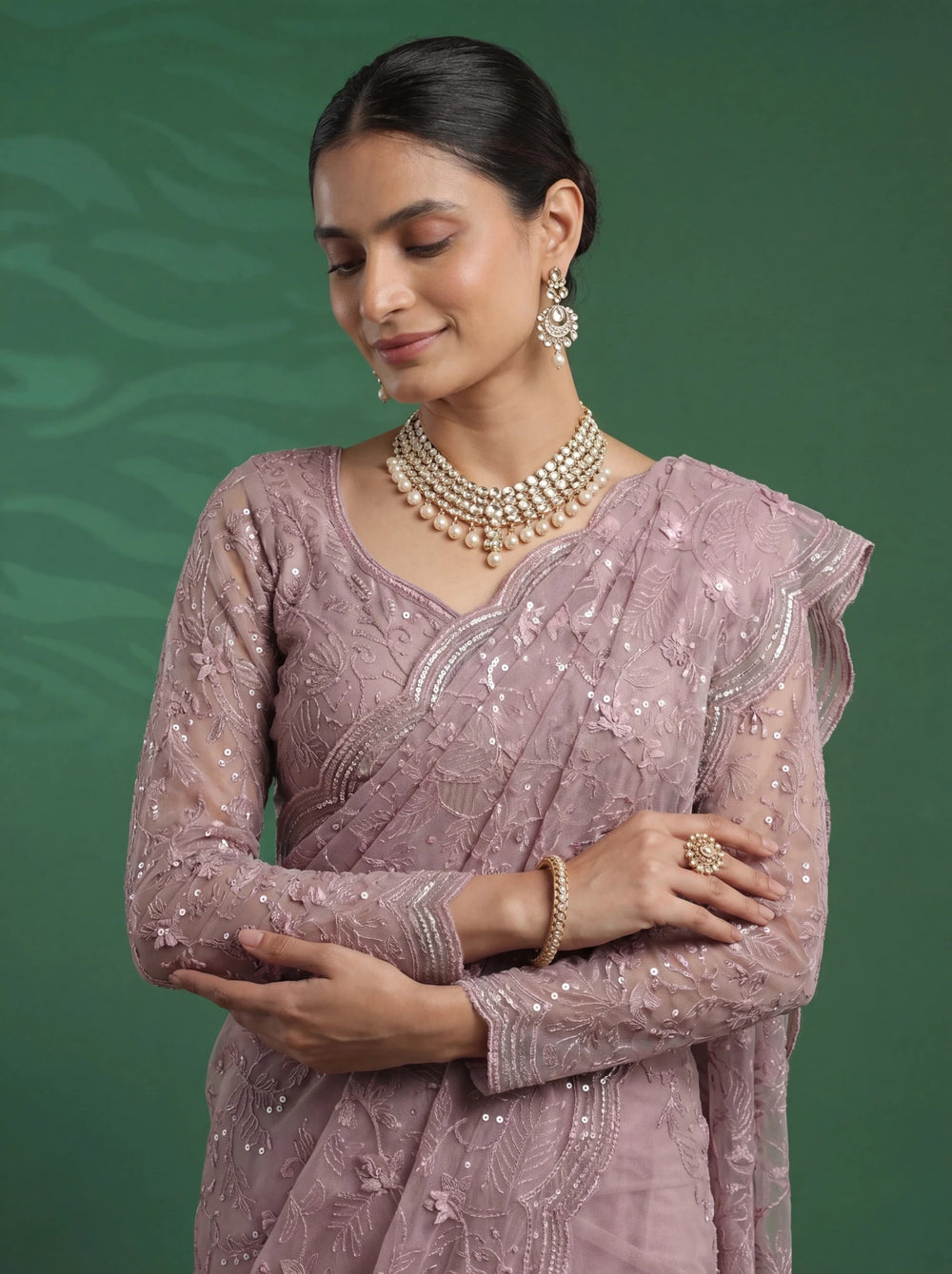 Elegant Mauve Pink Designer Saree with Intricate Embroidery & Scalloped Border - Zimonza