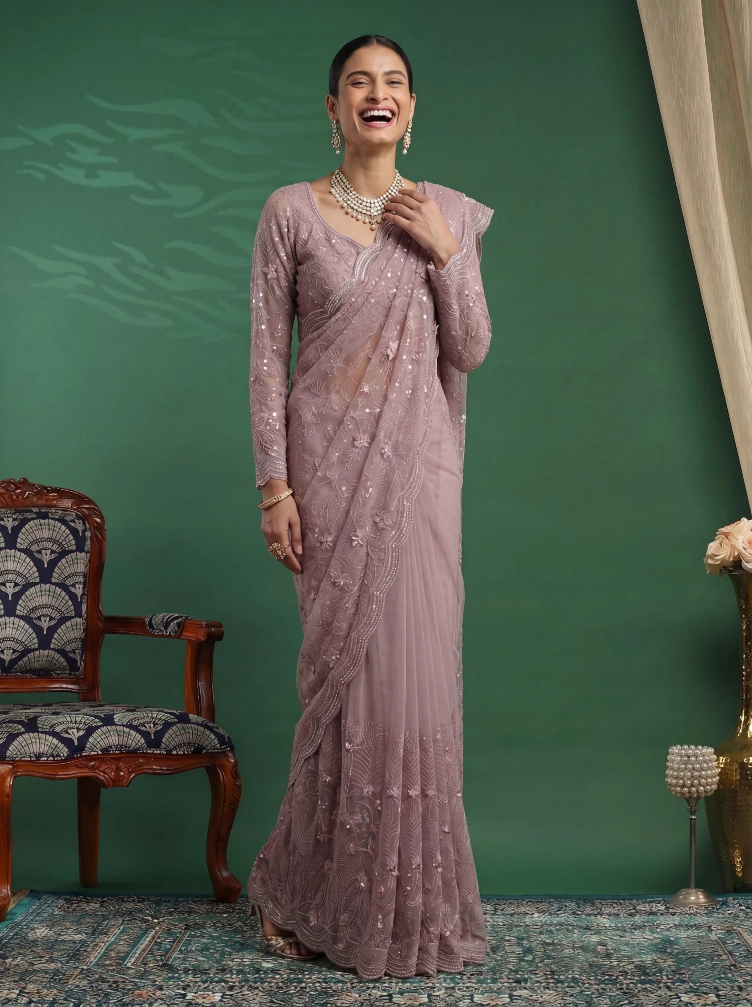 Elegant Mauve Pink Designer Saree with Intricate Embroidery & Scalloped Border - Zimonza