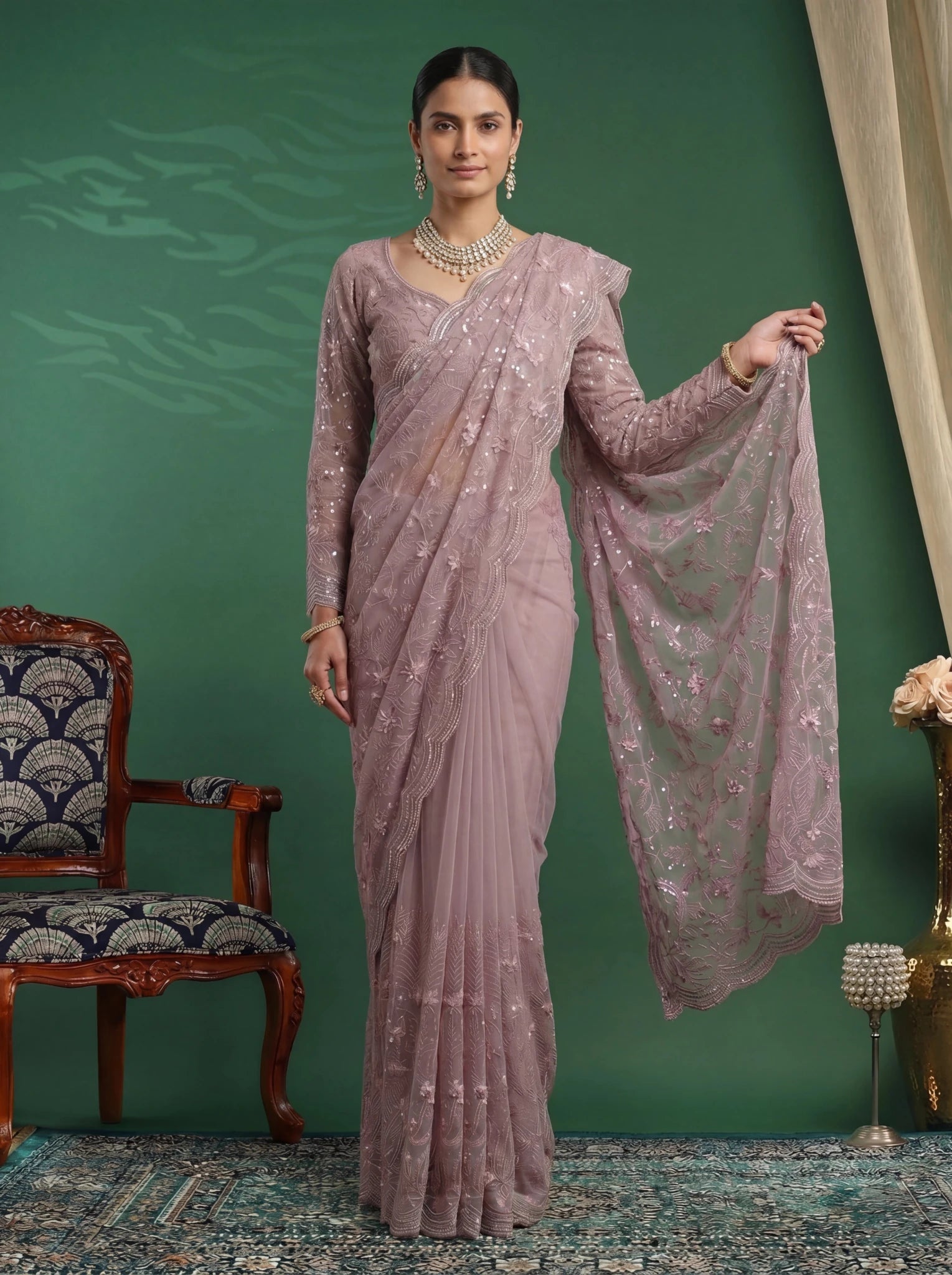 Elegant Mauve Pink Designer Saree with Intricate Embroidery & Scalloped Border - Zimonza