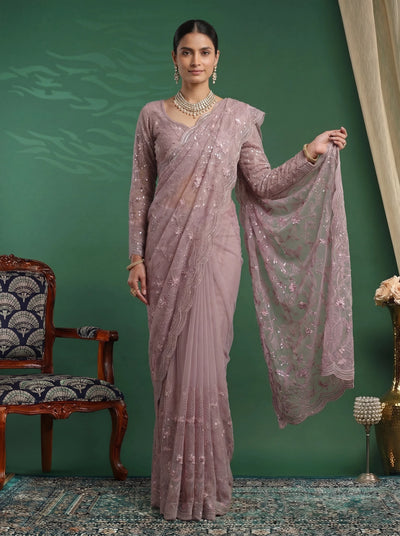 Elegant Mauve Pink Designer Saree with Intricate Embroidery & Scalloped Border - Zimonza