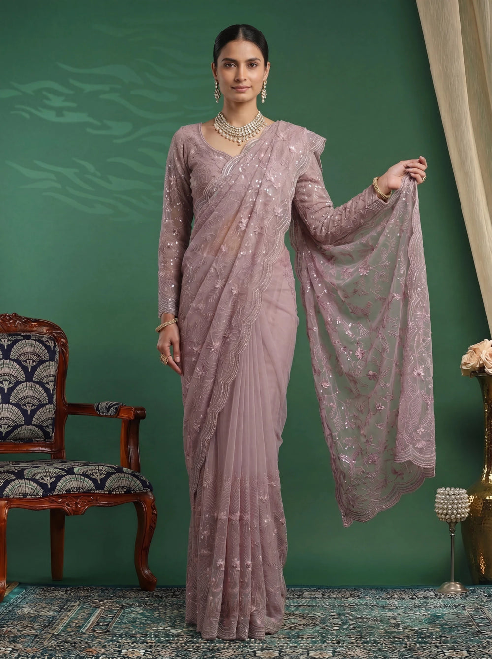 Elegant Mauve Pink Designer Saree with Intricate Embroidery & Scalloped Border - Zimonza