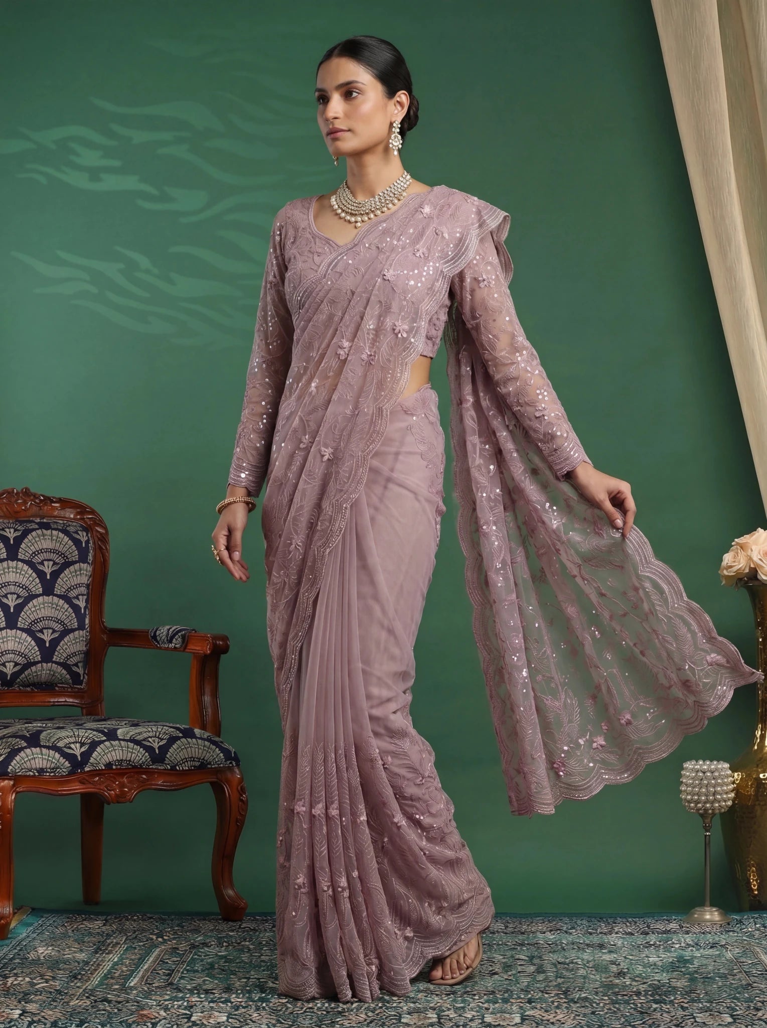 Elegant Mauve Pink Designer Saree with Intricate Embroidery & Scalloped Border - Zimonza
