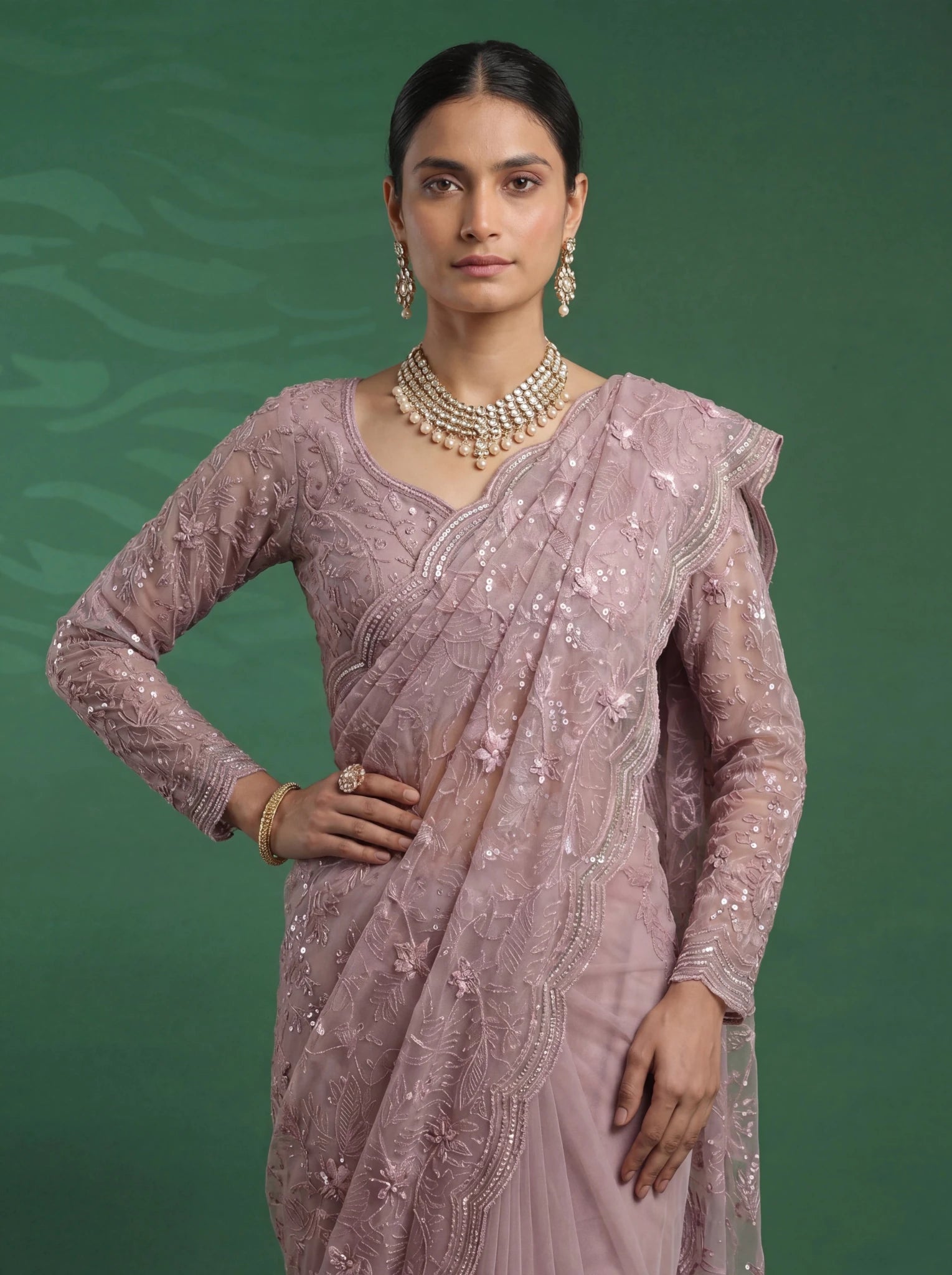 Elegant Mauve Pink Designer Saree with Intricate Embroidery & Scalloped Border - Zimonza