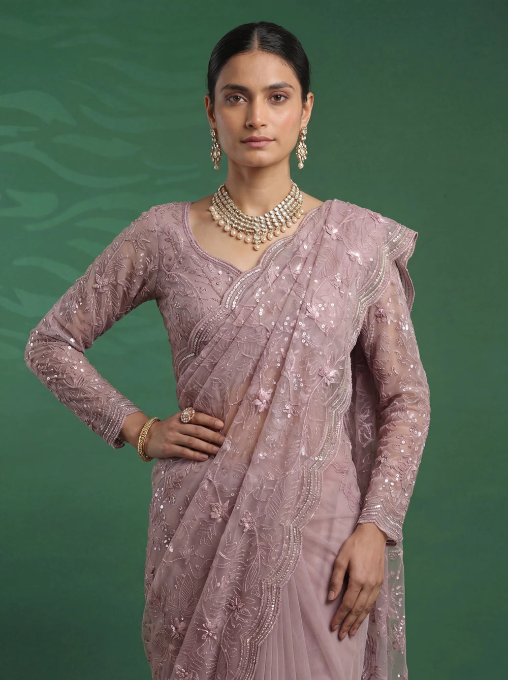 Elegant Mauve Pink Designer Saree with Intricate Embroidery & Scalloped Border - Zimonza