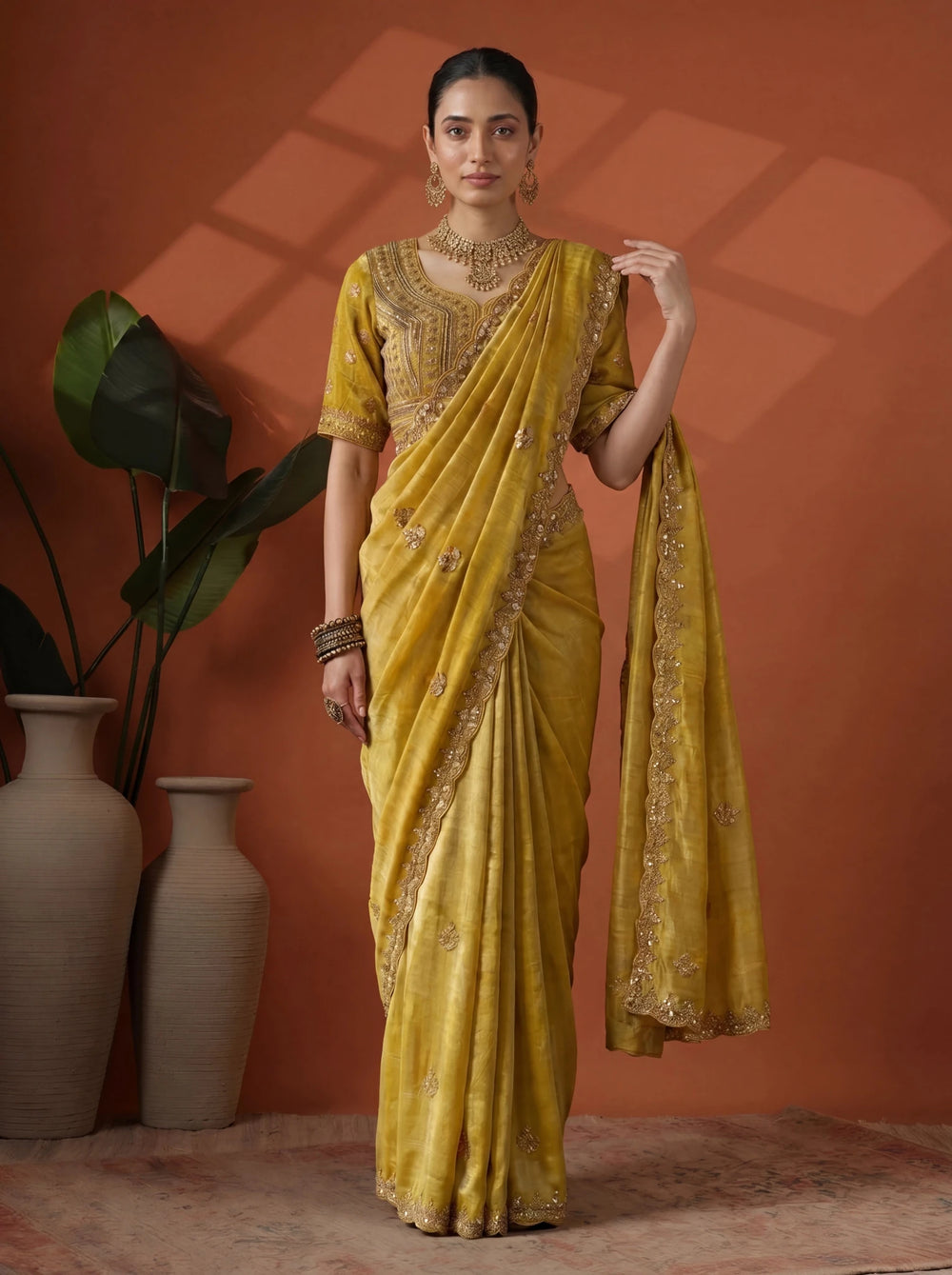 Luxury Mustard Gold Saree with Intricate Embroidery & Border - Zimonza