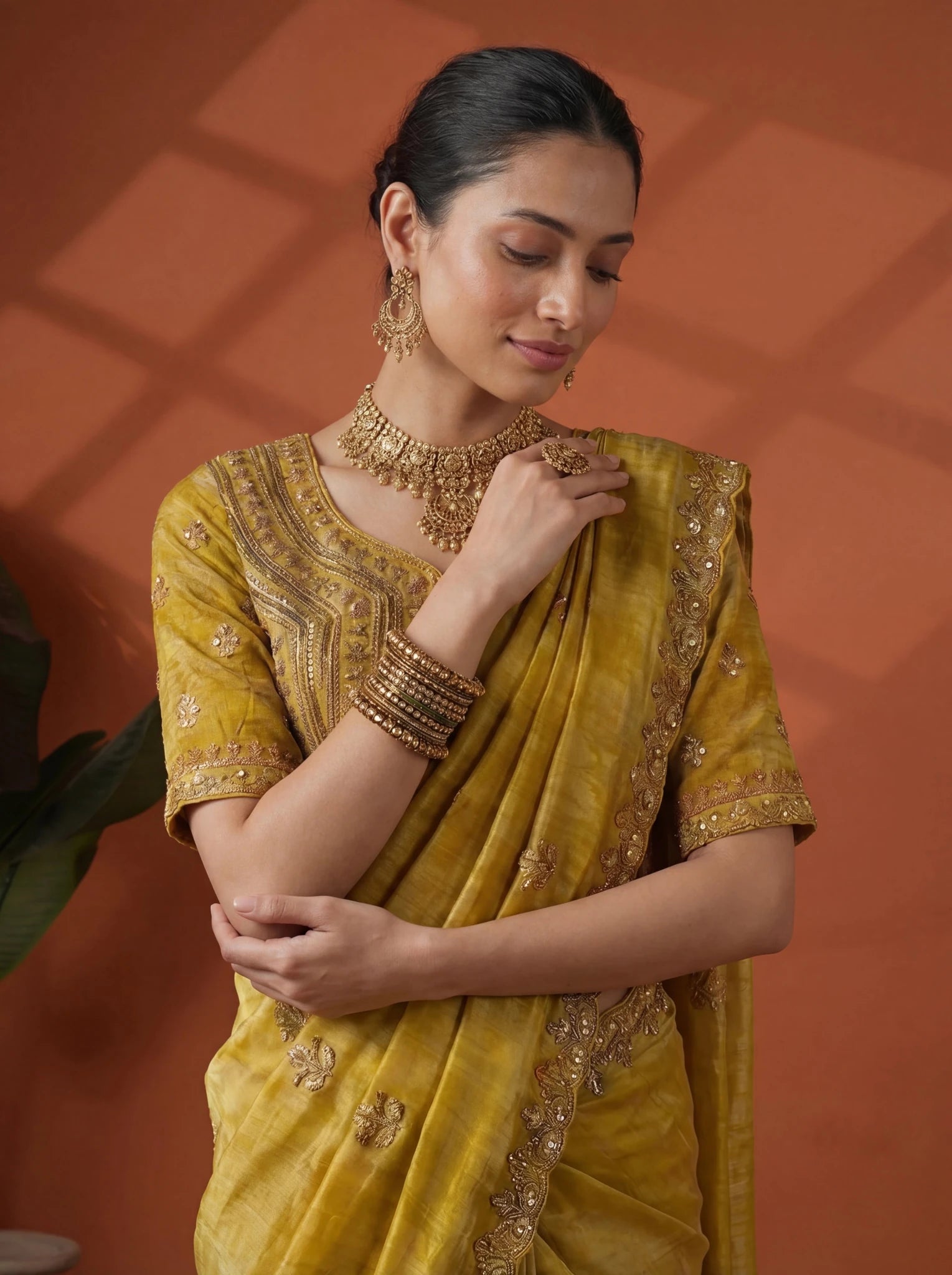 Luxury Mustard Gold Saree with Intricate Embroidery & Border - Zimonza