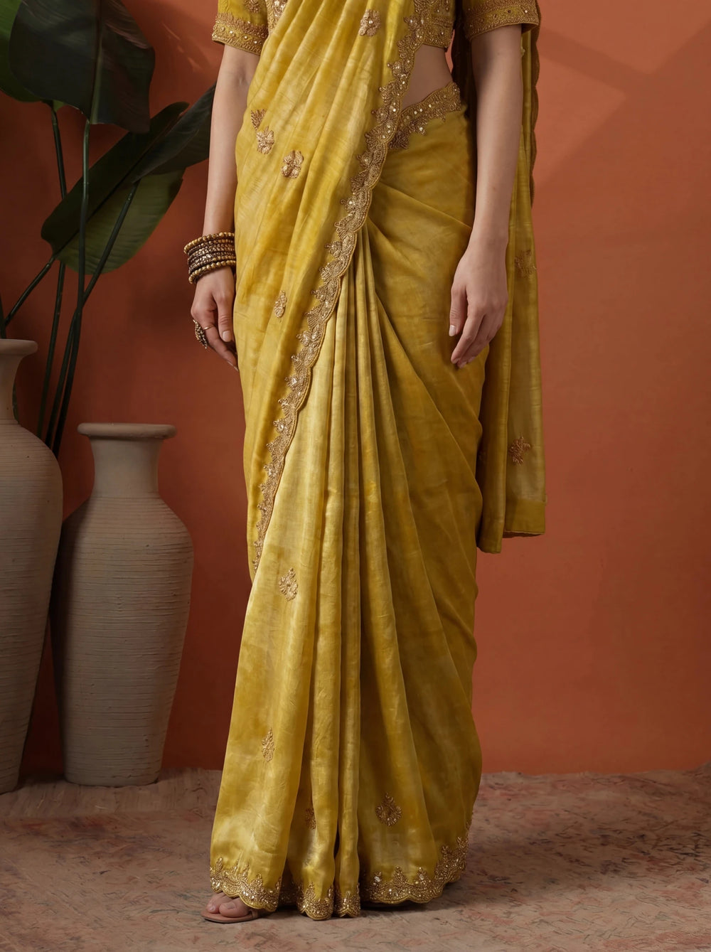 Luxury Mustard Gold Saree with Intricate Embroidery & Border - Zimonza