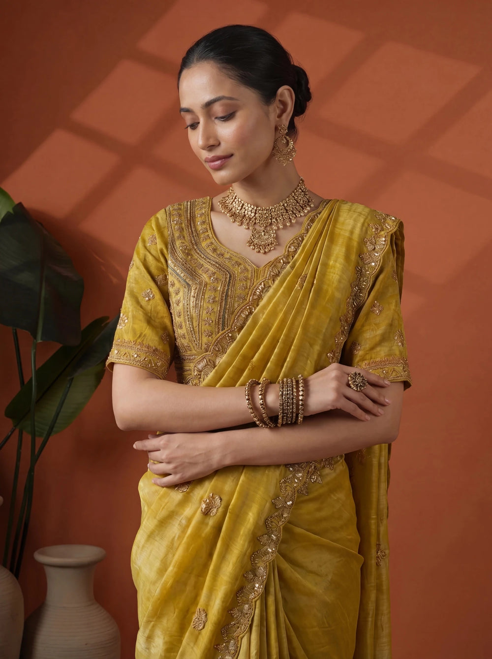 Luxury Mustard Gold Saree with Intricate Embroidery & Border - Zimonza