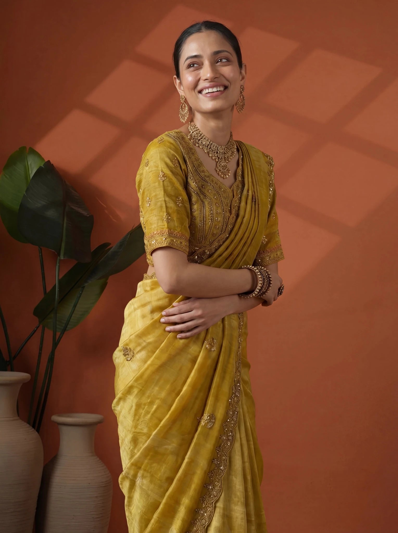 Luxury Mustard Gold Saree with Intricate Embroidery & Border - Zimonza