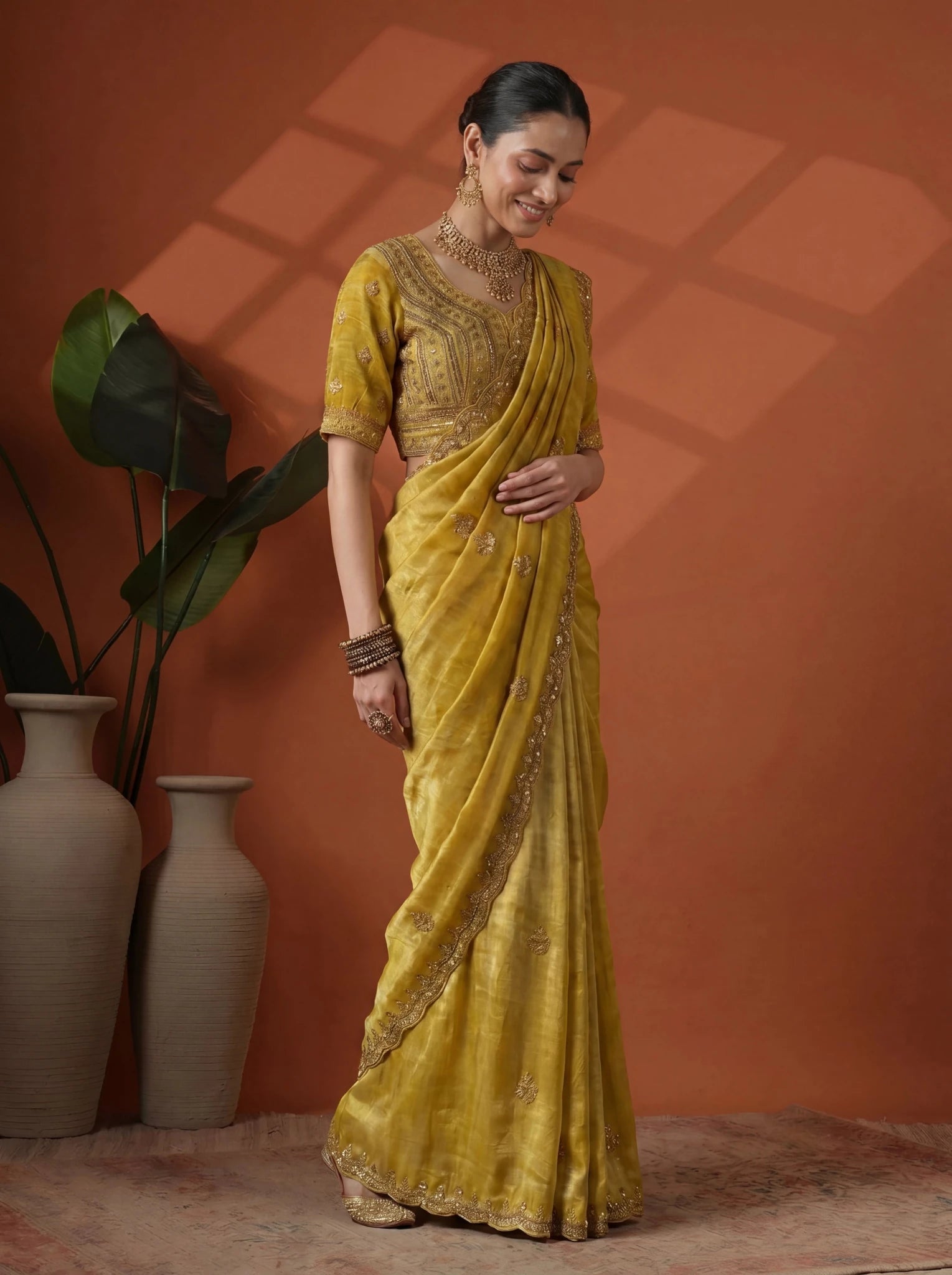 Luxury Mustard Gold Saree with Intricate Embroidery & Border - Zimonza