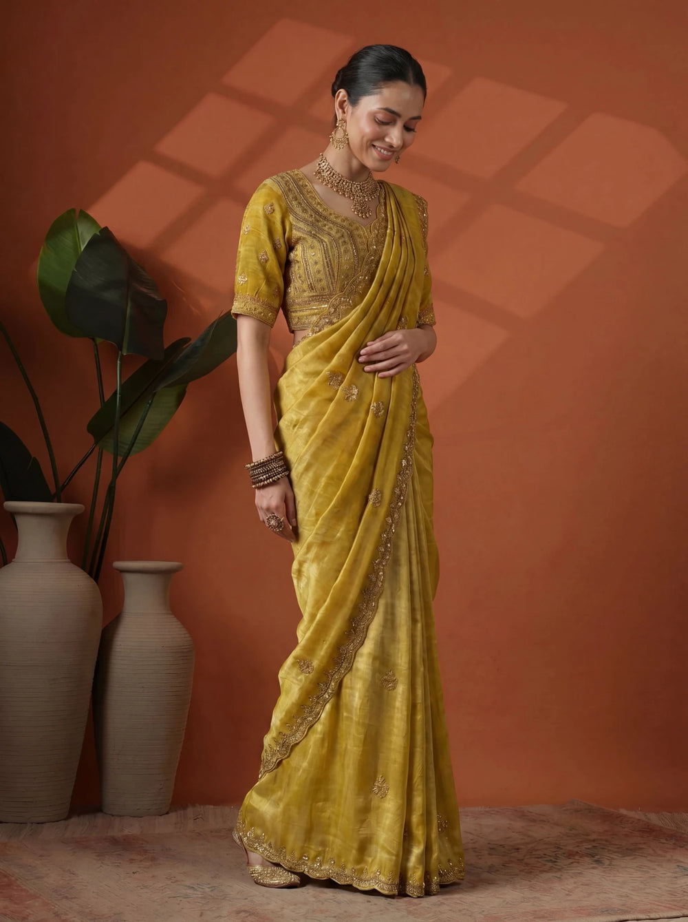 Luxury Mustard Gold Saree with Intricate Embroidery & Border - Zimonza