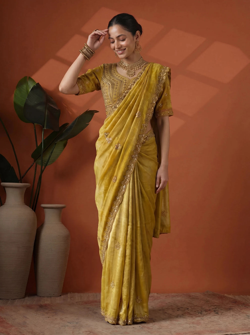Luxury Mustard Gold Saree with Intricate Embroidery & Border - Zimonza