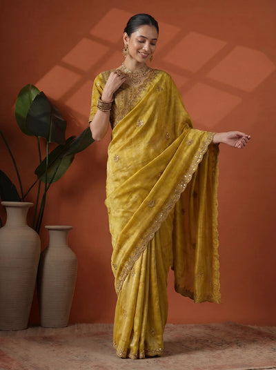 Luxury Mustard Gold Saree with Intricate Embroidery & Border - Zimonza