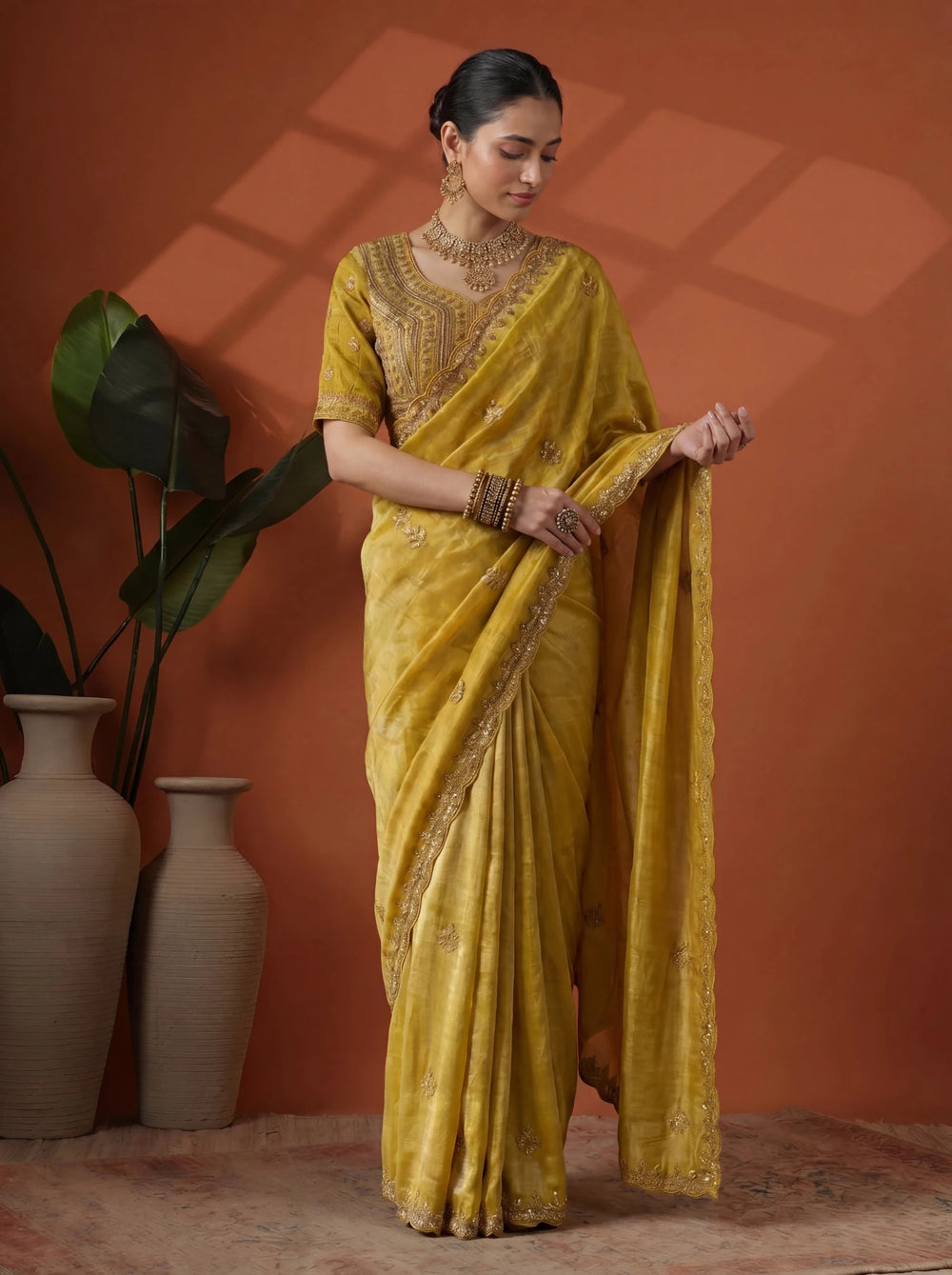 Luxury Mustard Gold Saree with Intricate Embroidery & Border - Zimonza