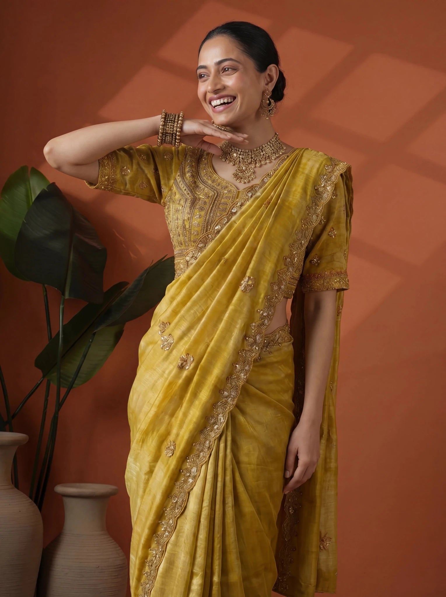 Luxury Mustard Gold Saree with Intricate Embroidery & Border - Zimonza