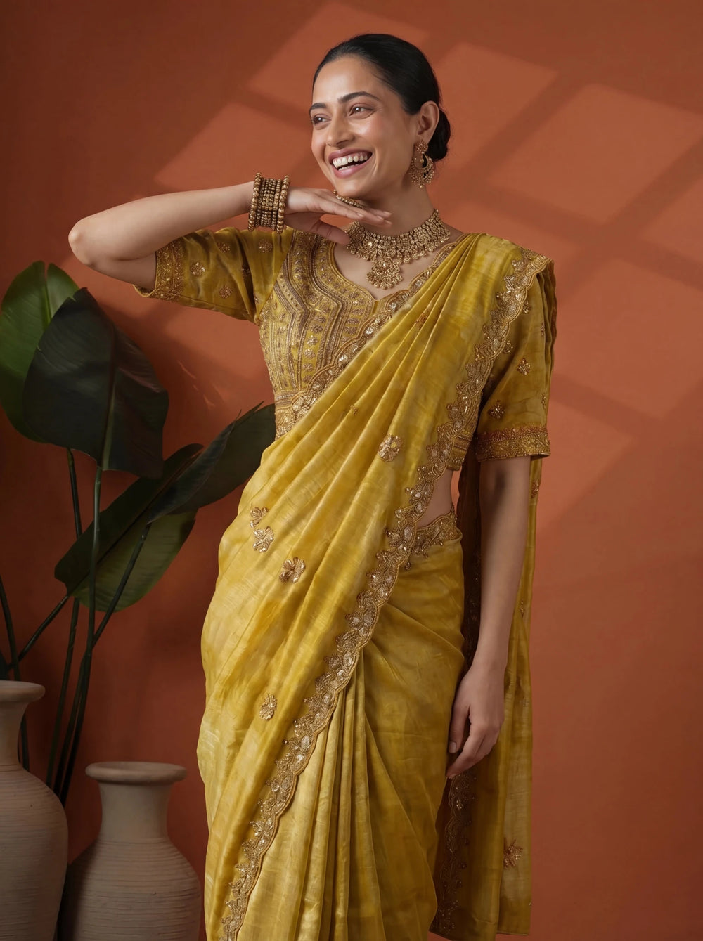 Luxury Mustard Gold Saree with Intricate Embroidery & Border - Zimonza