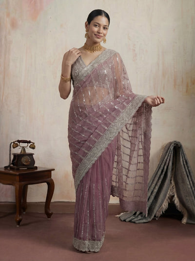 Elegant Plum Mauve Designer Saree with Intricate Sequin Work & Border - Zimonza