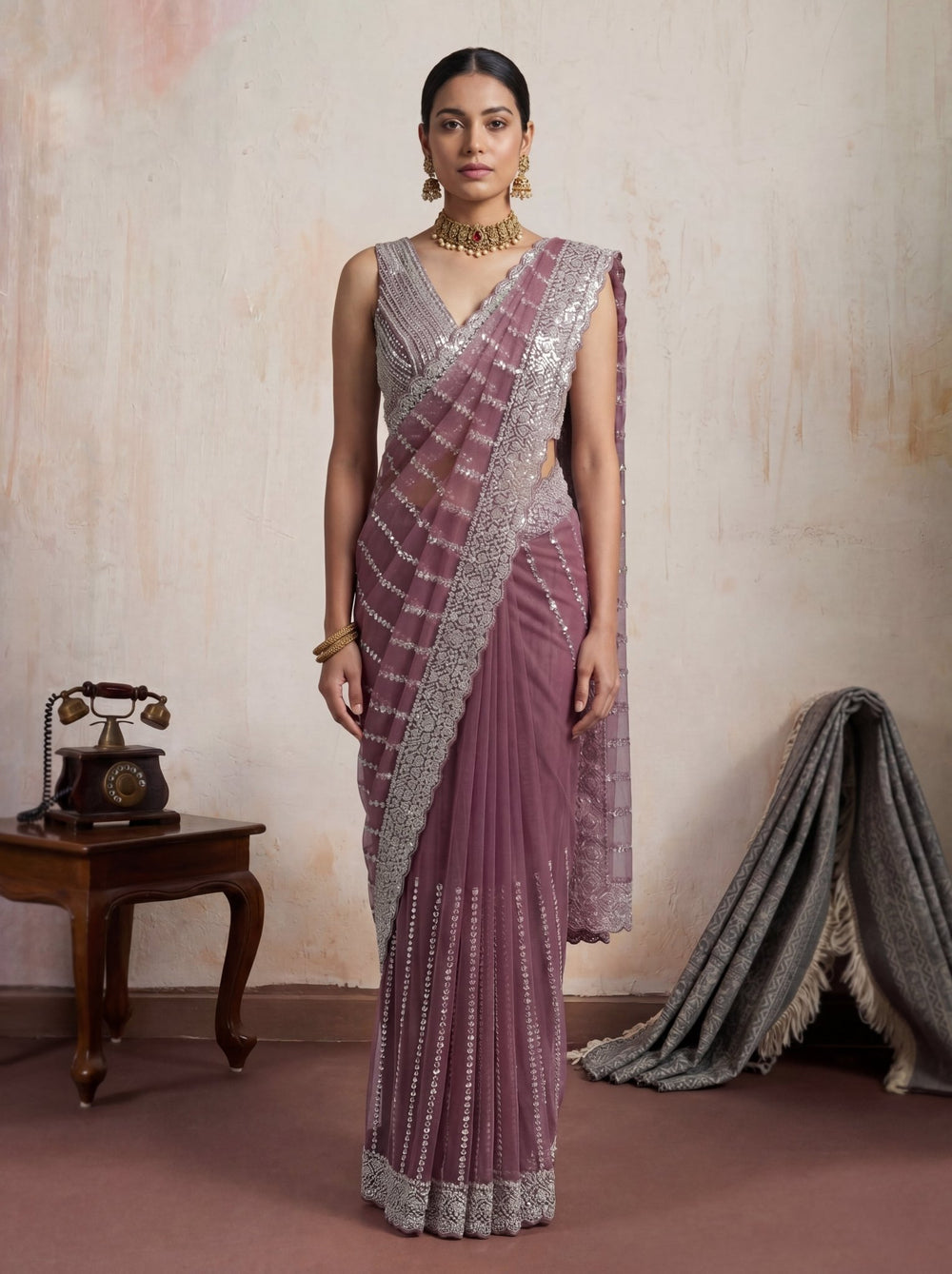 Elegant Plum Mauve Designer Saree with Intricate Sequin Work & Border - Zimonza