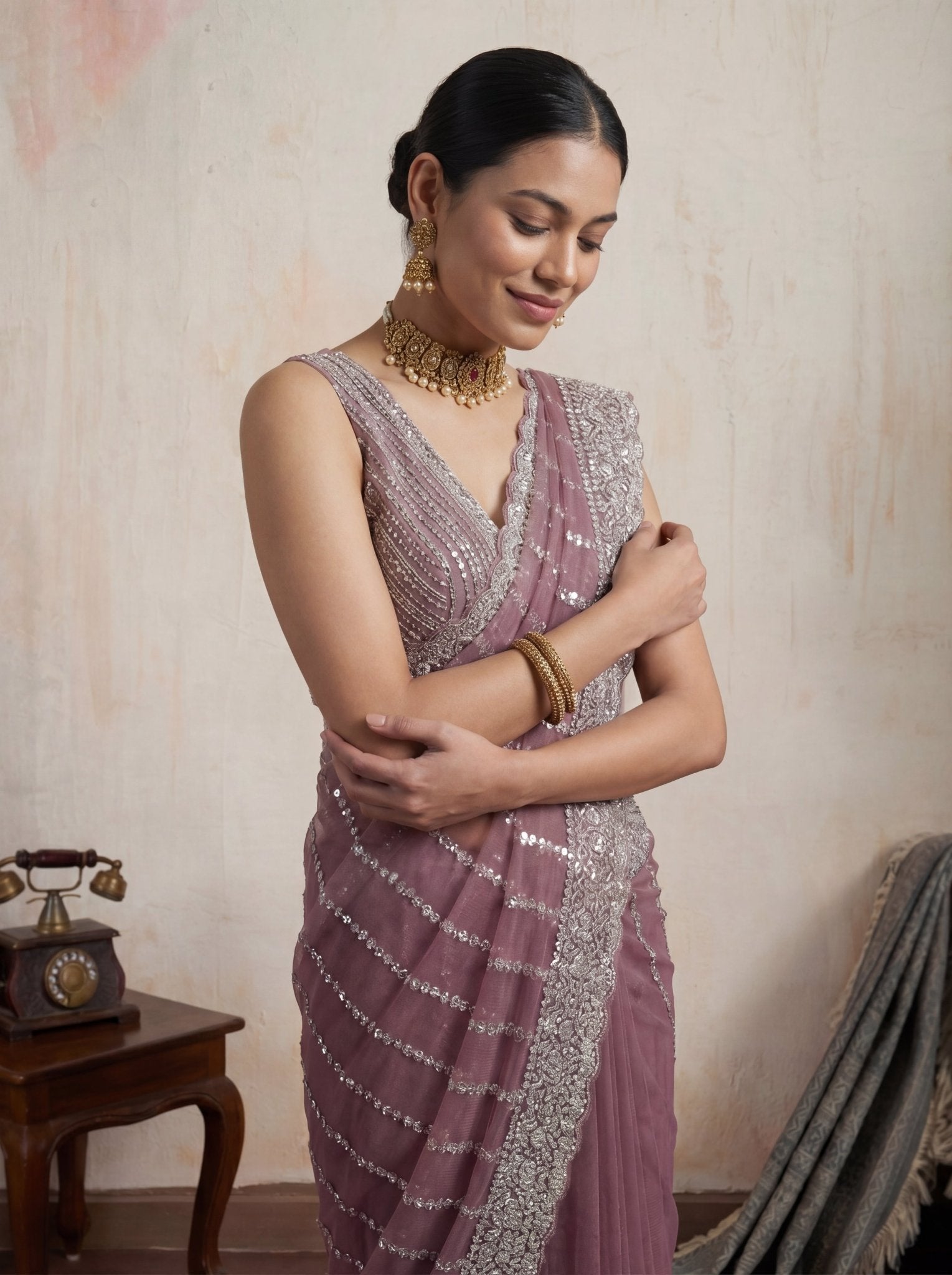Elegant Plum Mauve Designer Saree with Intricate Sequin Work & Border - Zimonza