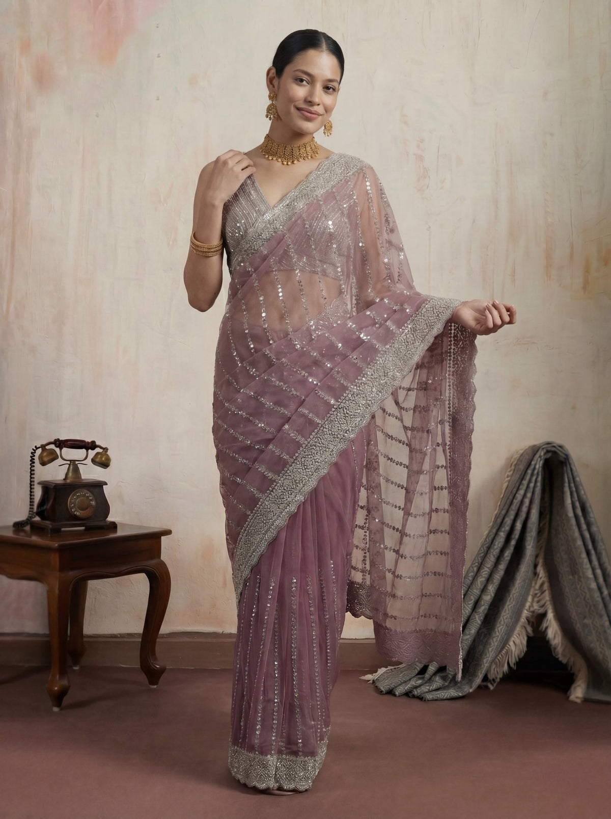 Elegant Plum Mauve Designer Saree with Intricate Sequin Work & Border - Zimonza