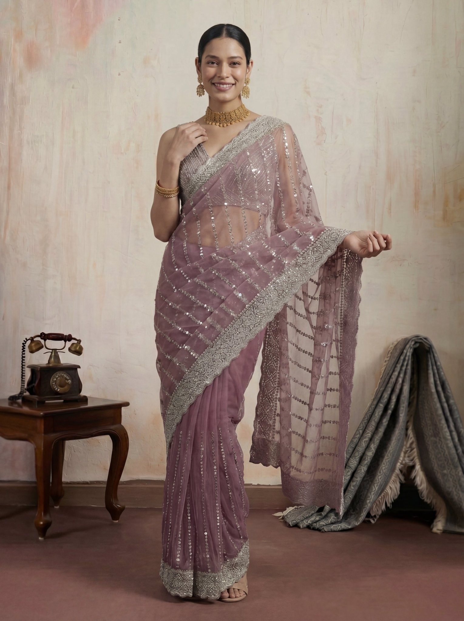 Elegant Plum Mauve Designer Saree with Intricate Sequin Work & Border - Zimonza