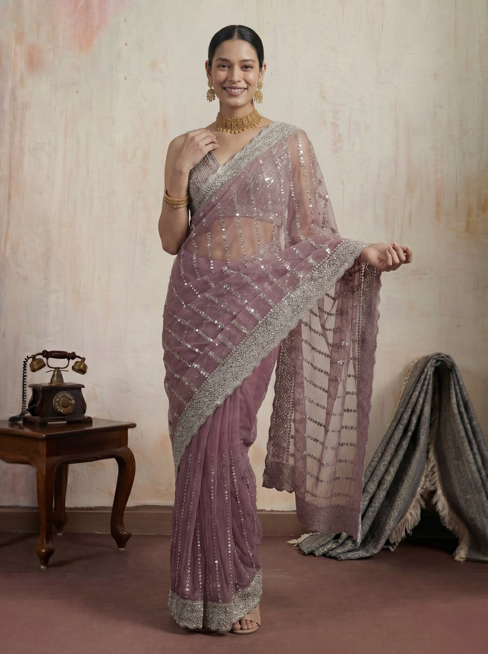 Elegant Plum Mauve Designer Saree with Intricate Sequin Work & Border - Zimonza