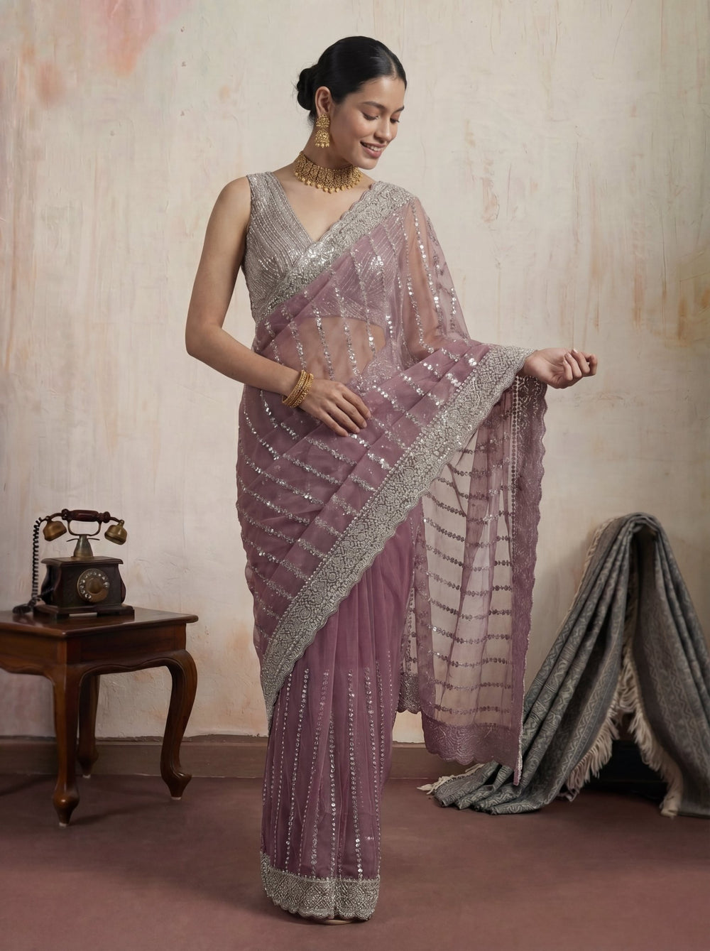 Elegant Plum Mauve Designer Saree with Intricate Sequin Work & Border - Zimonza