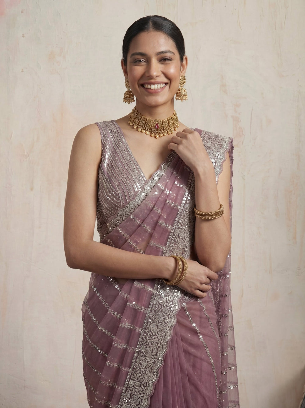 Elegant Plum Mauve Designer Saree with Intricate Sequin Work & Border - Zimonza
