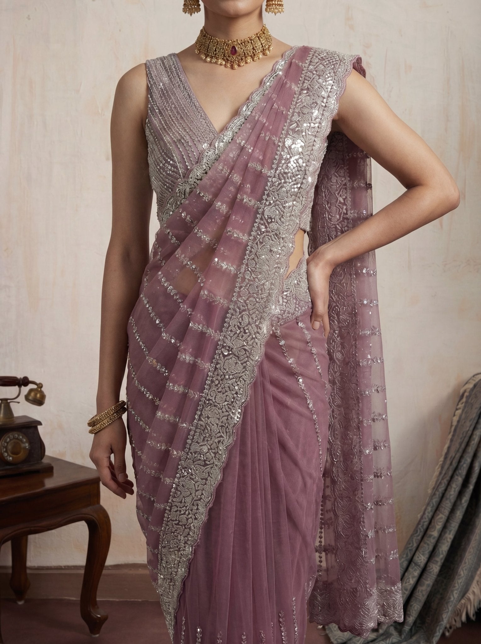 Elegant Plum Mauve Designer Saree with Intricate Sequin Work & Border - Zimonza