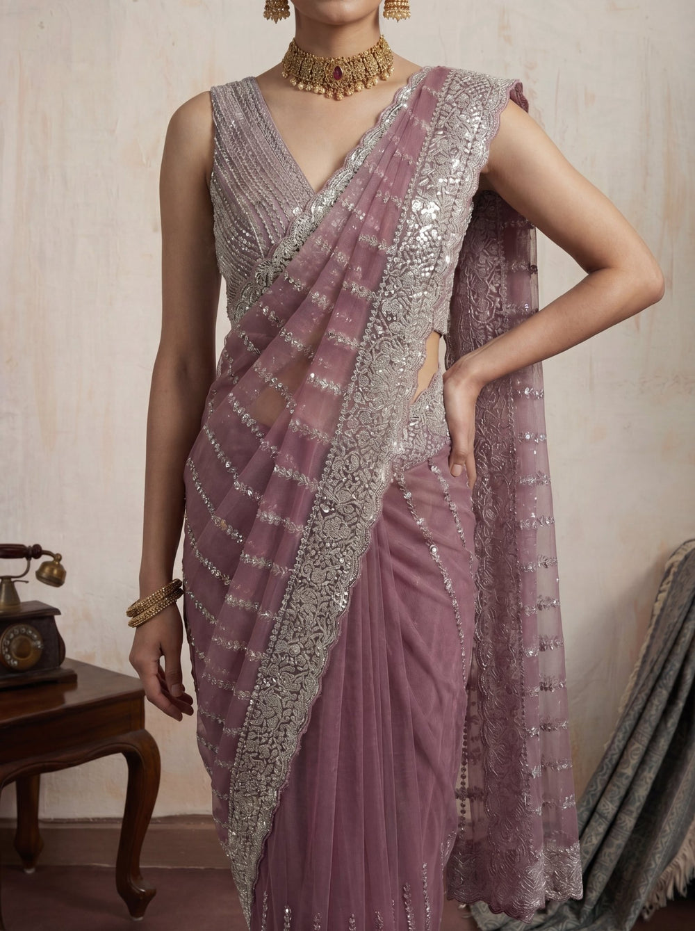 Elegant Plum Mauve Designer Saree with Intricate Sequin Work & Border - Zimonza