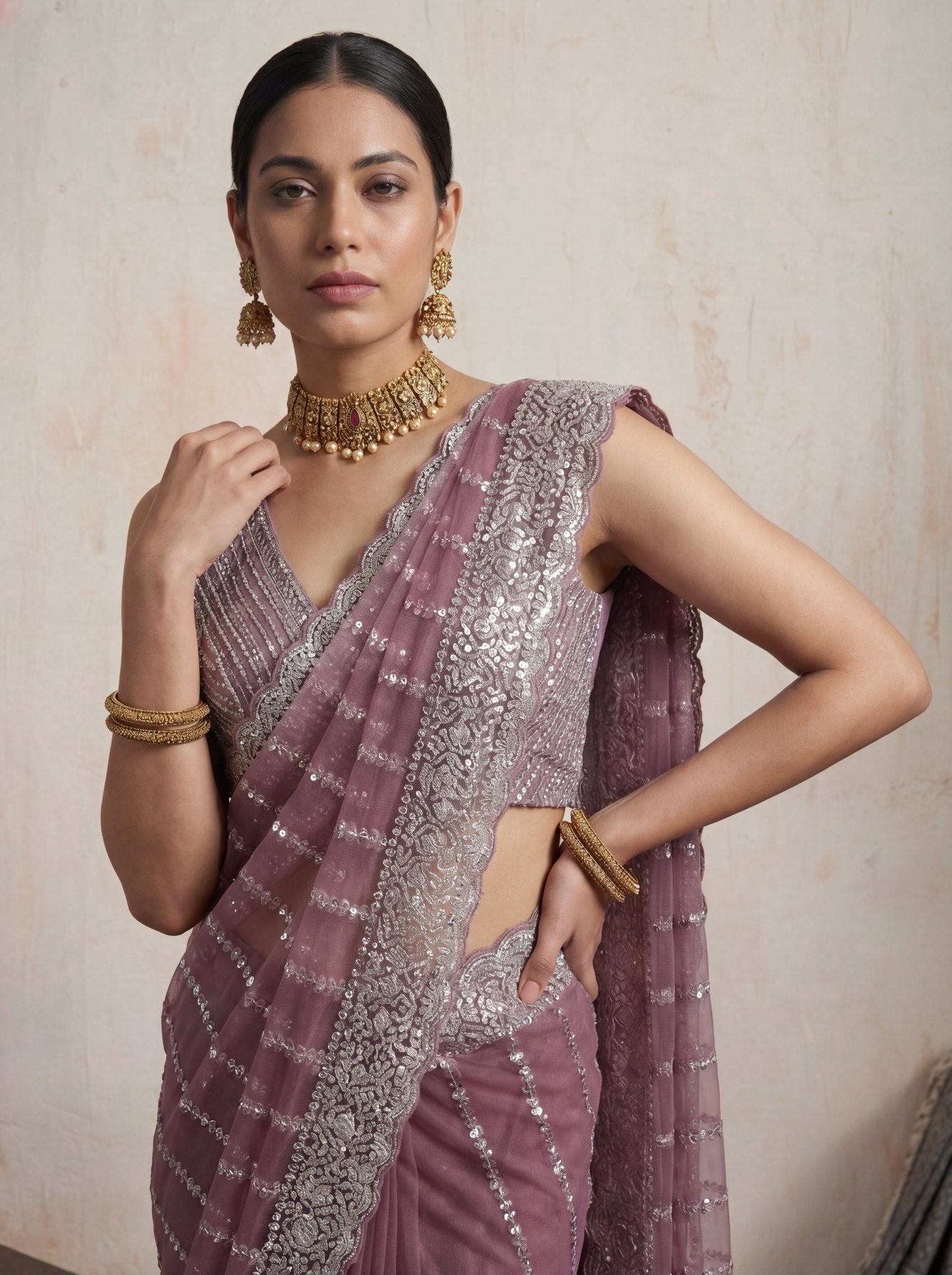 Elegant Plum Mauve Designer Saree with Intricate Sequin Work & Border - Zimonza