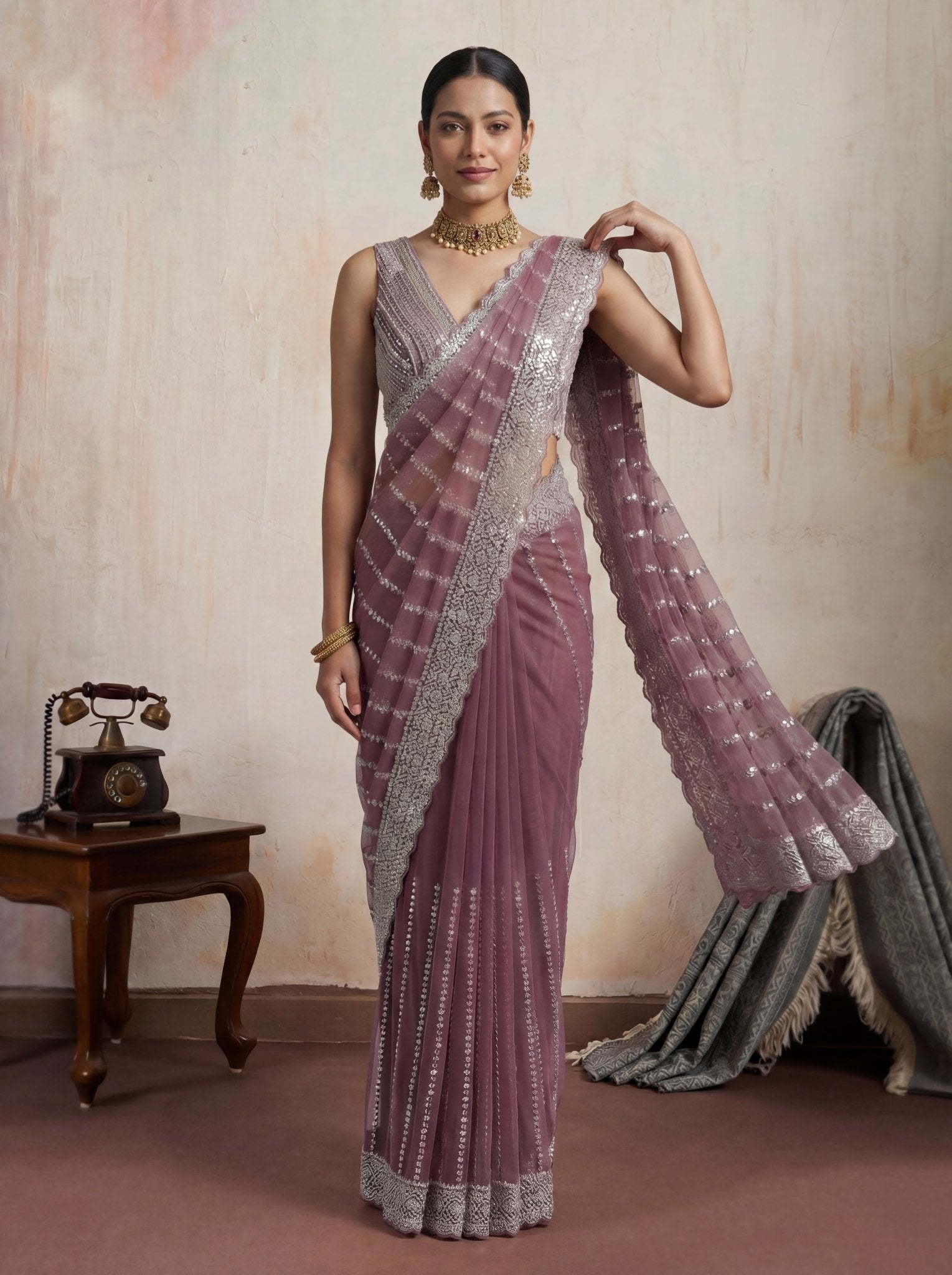 Elegant Plum Mauve Designer Saree with Intricate Sequin Work & Border - Zimonza