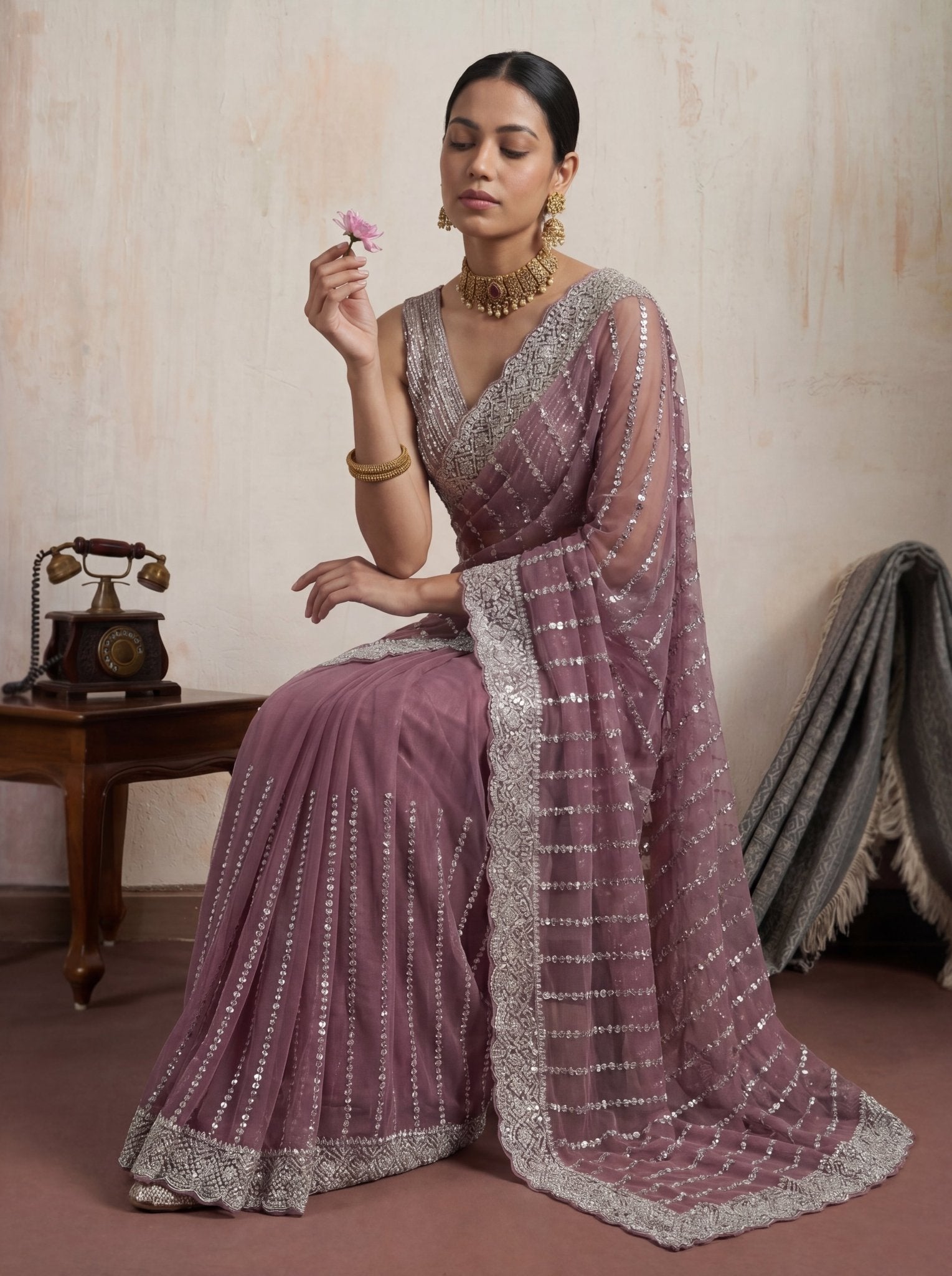 Elegant Plum Mauve Designer Saree with Intricate Sequin Work & Border - Zimonza