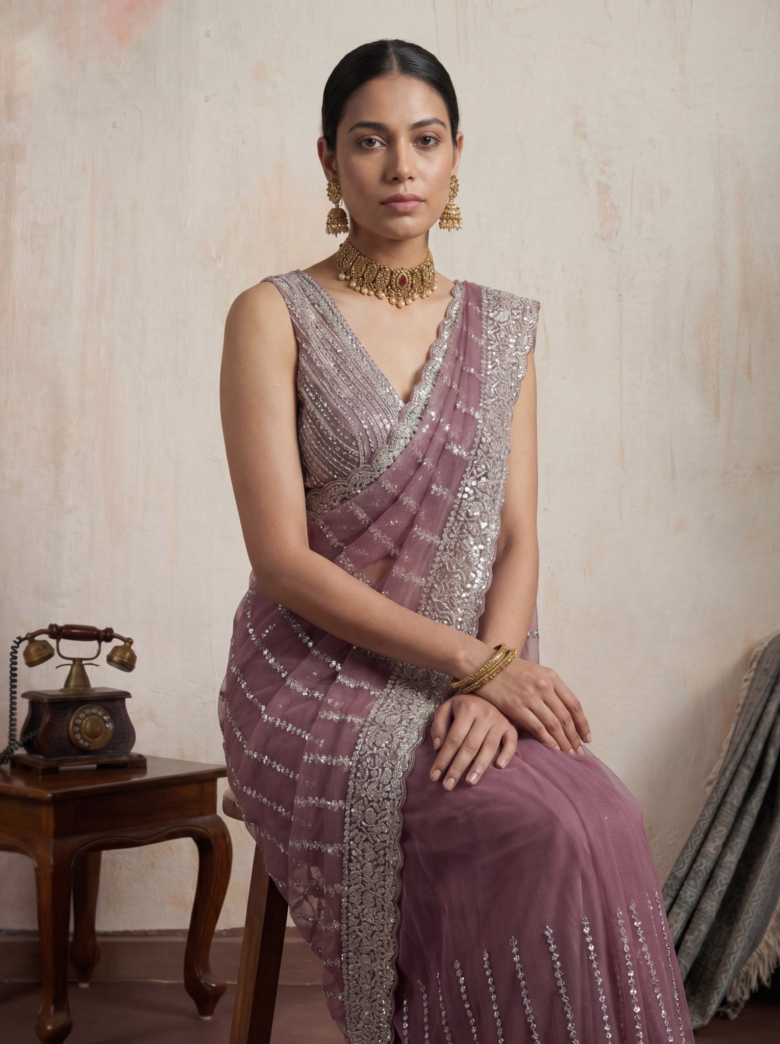 Elegant Plum Mauve Designer Saree with Intricate Sequin Work & Border - Zimonza
